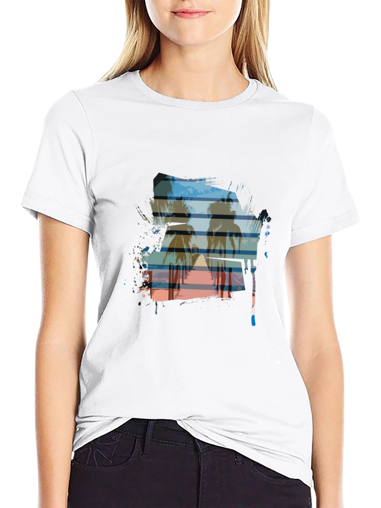 Sunset Palm Tree Graphic Tee - Casual Black T-Shirt