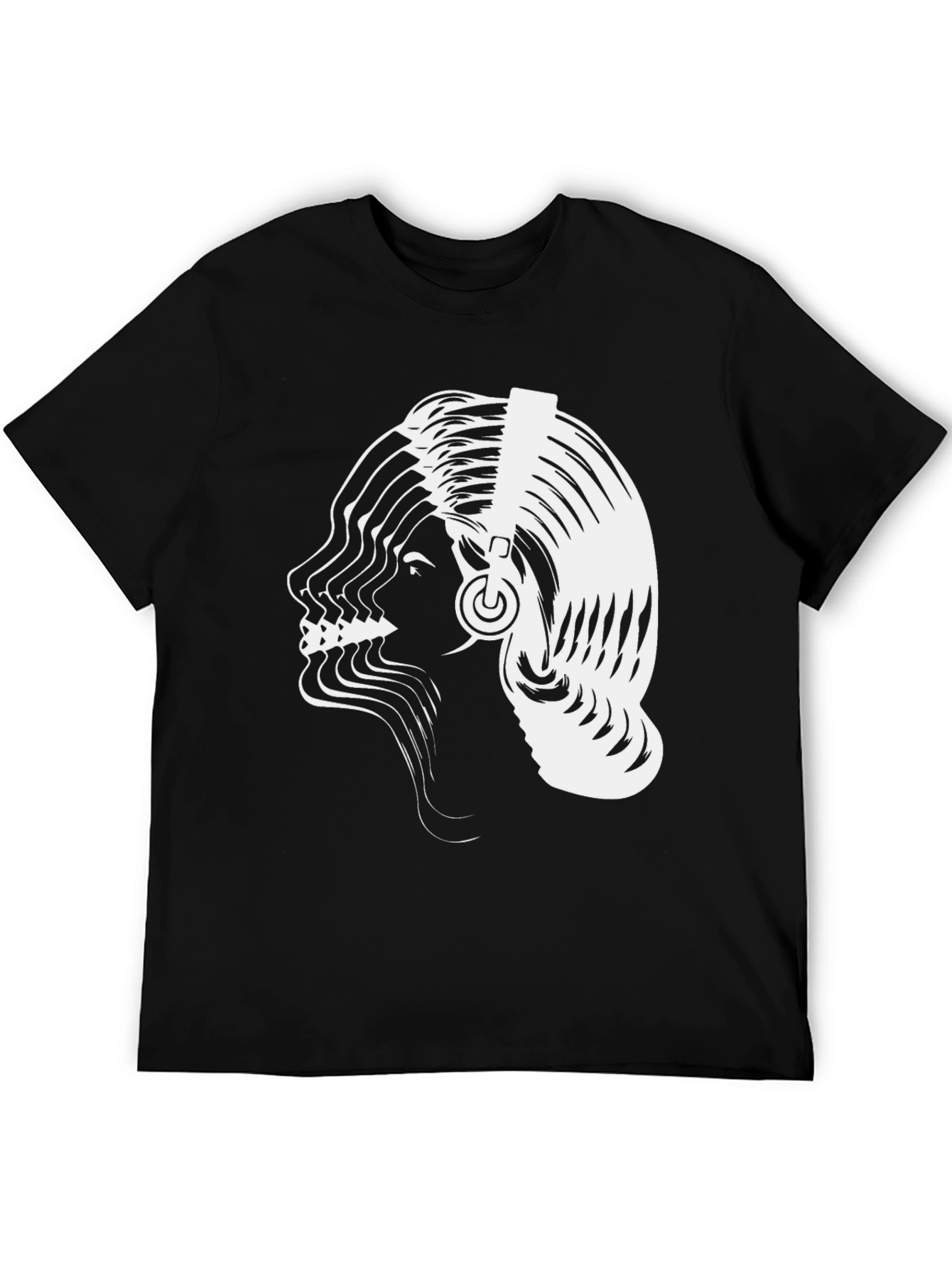 Abstract Woman Headphones Graphic Tee - Black Cotton Blend