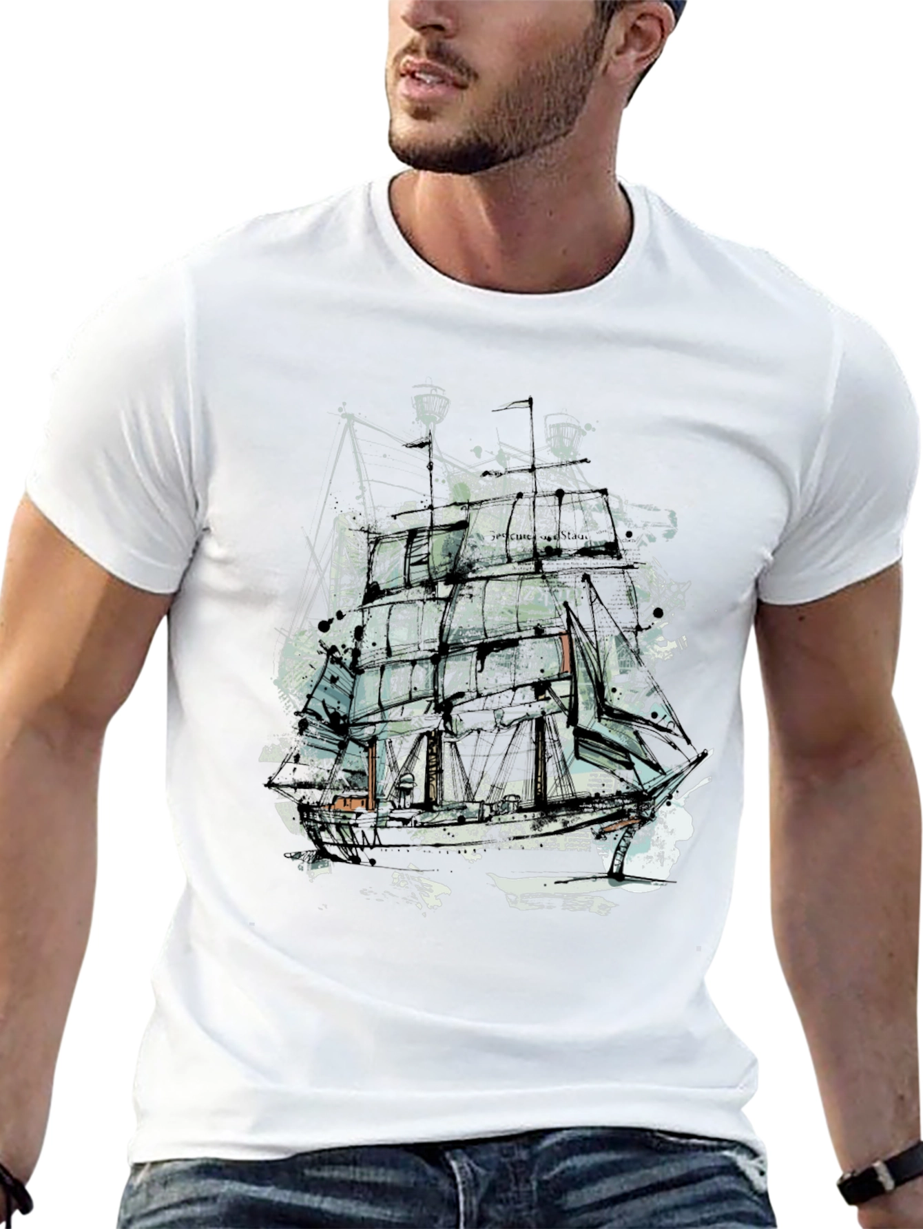 Abstract Ship Graphic Tee - Crew Neck Black T-Shirt