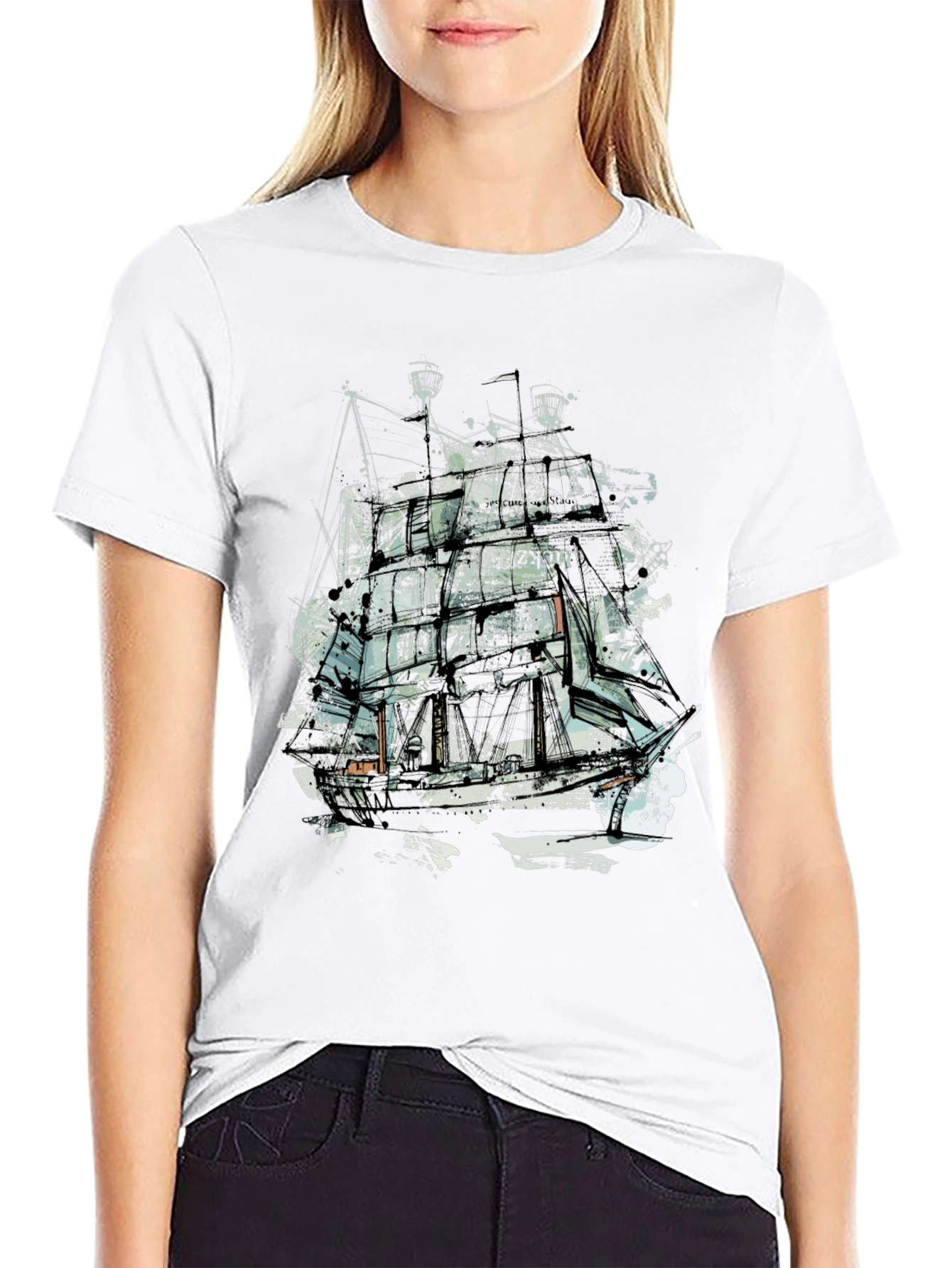 Abstract Ship Graphic Tee - Crew Neck Black T-Shirt