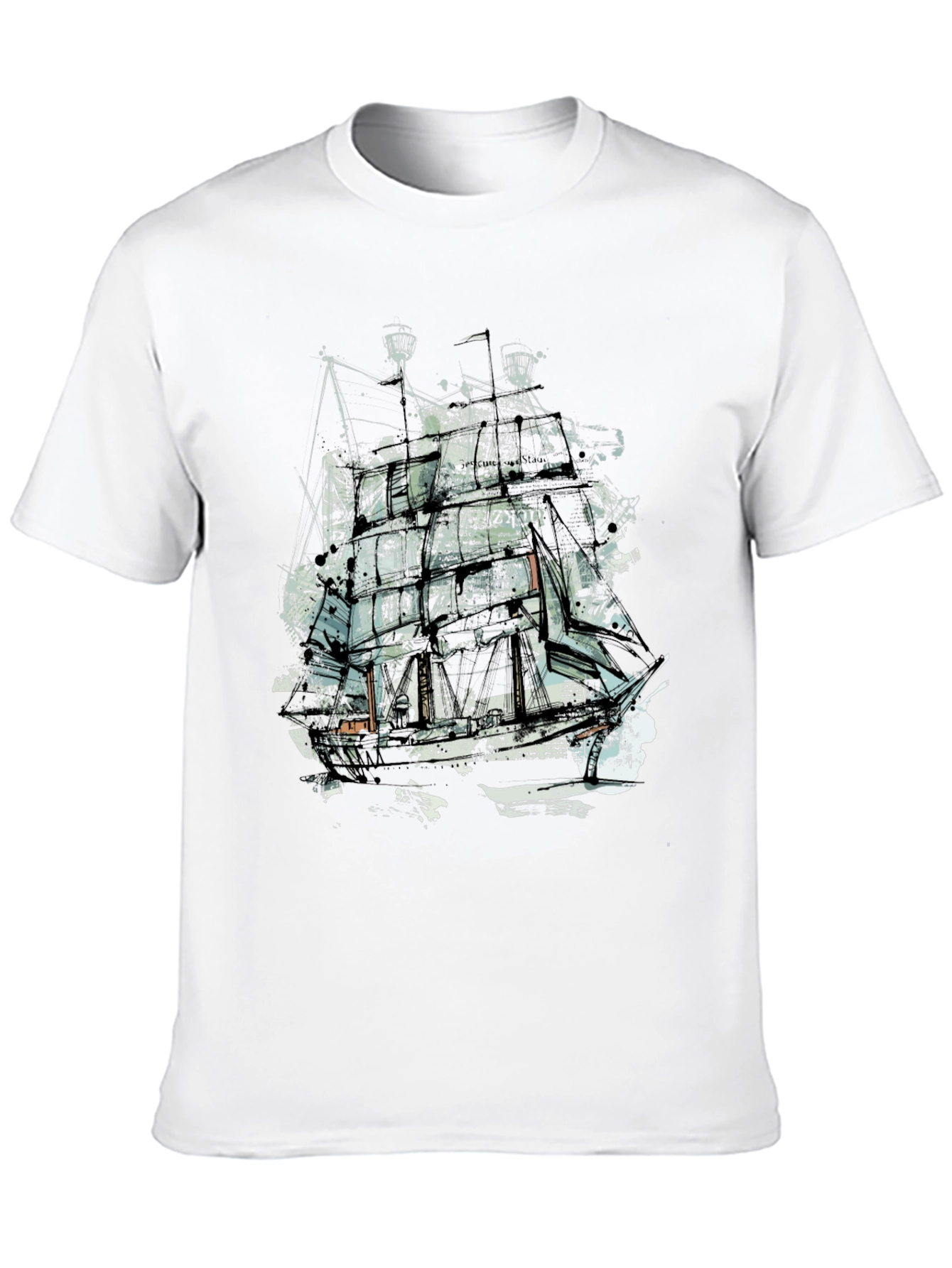 Abstract Ship Graphic Tee - Crew Neck Black T-Shirt