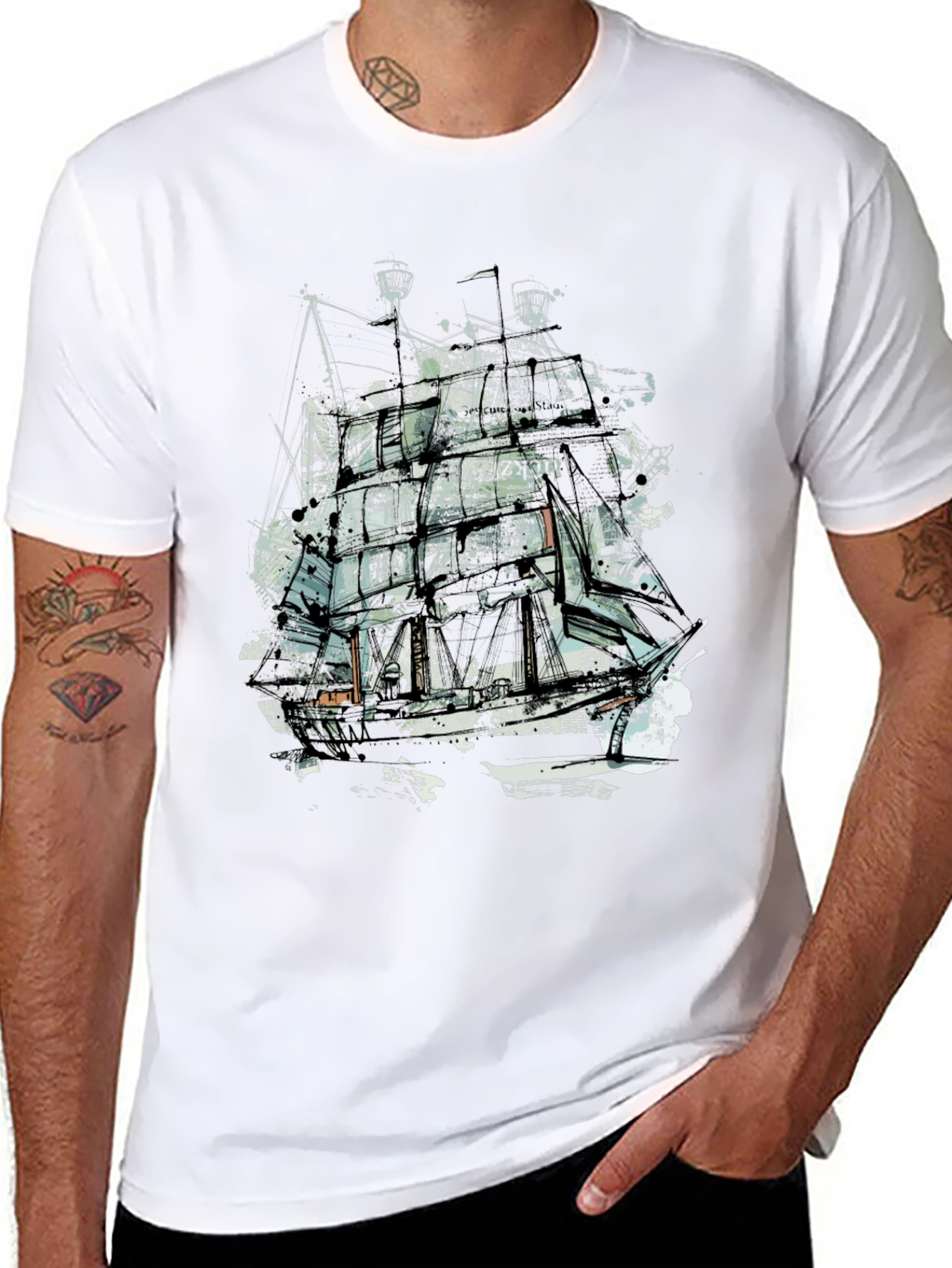 Abstract Ship Graphic Tee - Crew Neck Black T-Shirt