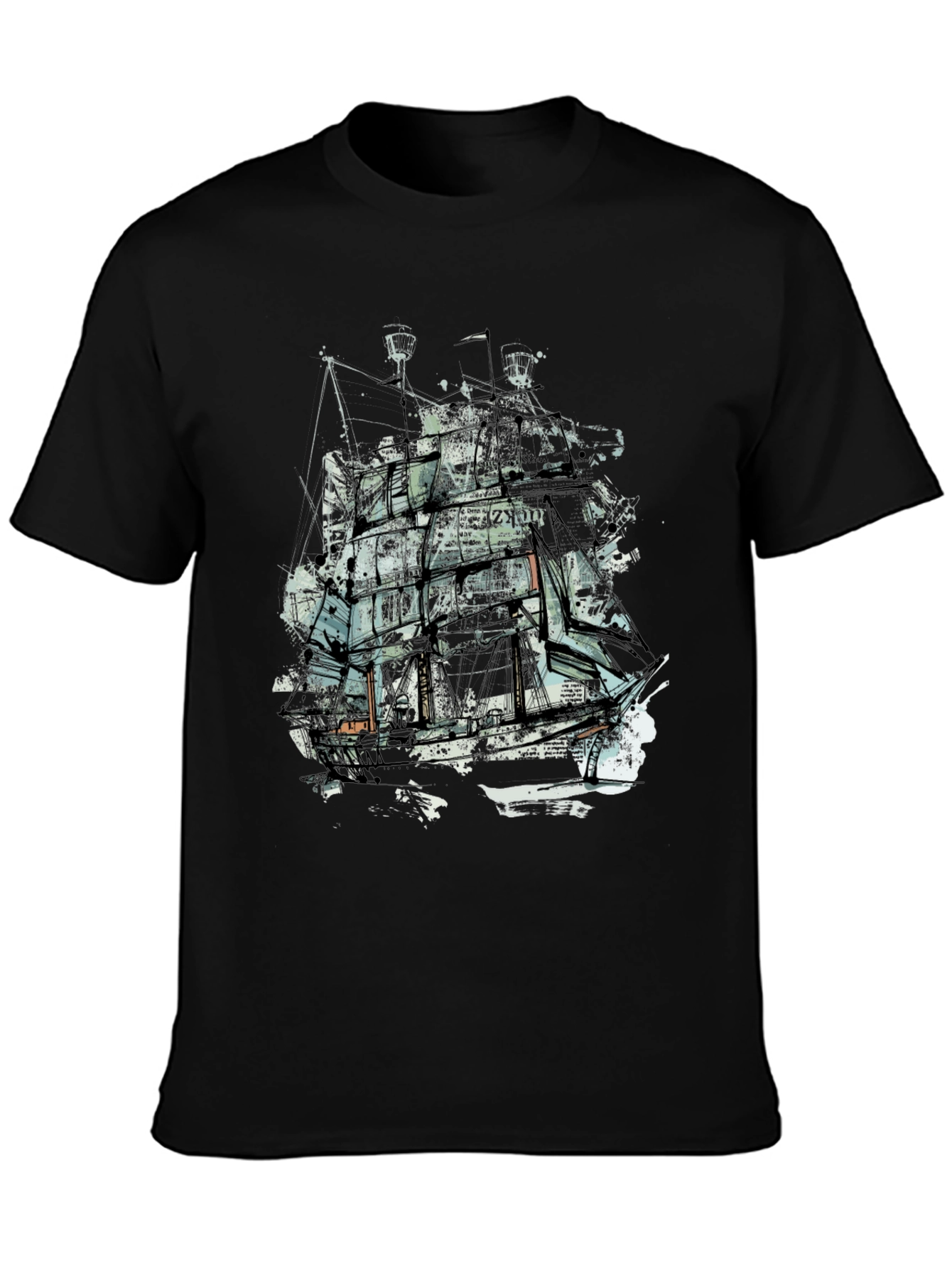 Abstract Ship Graphic Tee - Crew Neck Black T-Shirt