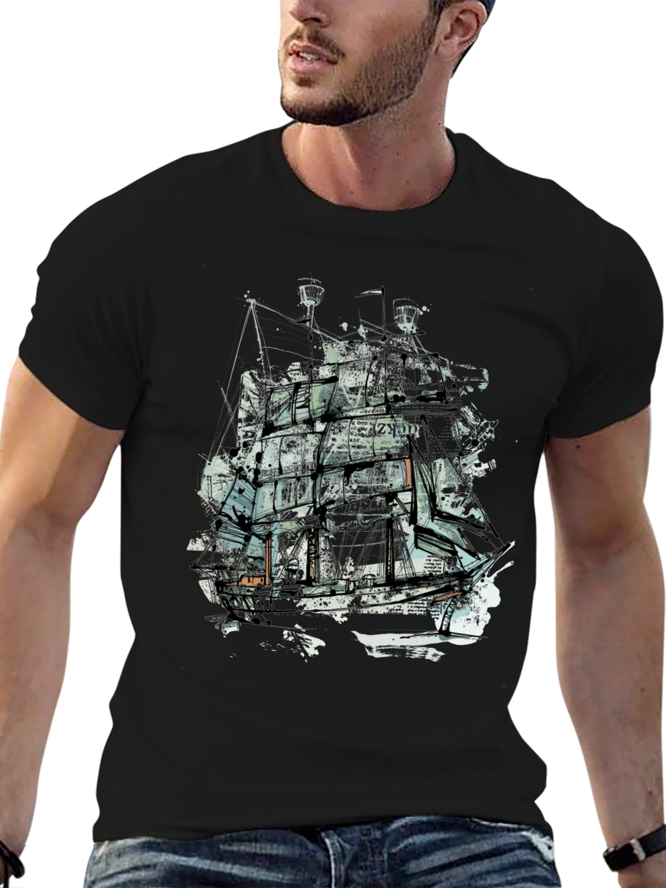 Abstract Ship Graphic Tee - Crew Neck Black T-Shirt