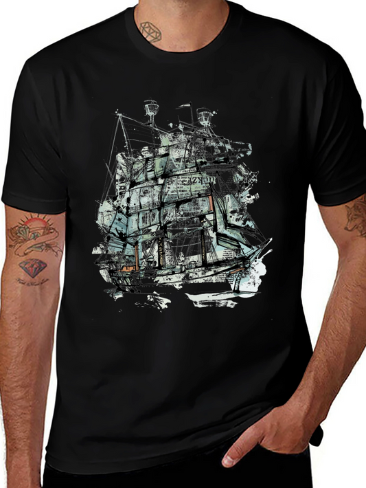 Abstract Ship Graphic Tee - Crew Neck Black T-Shirt
