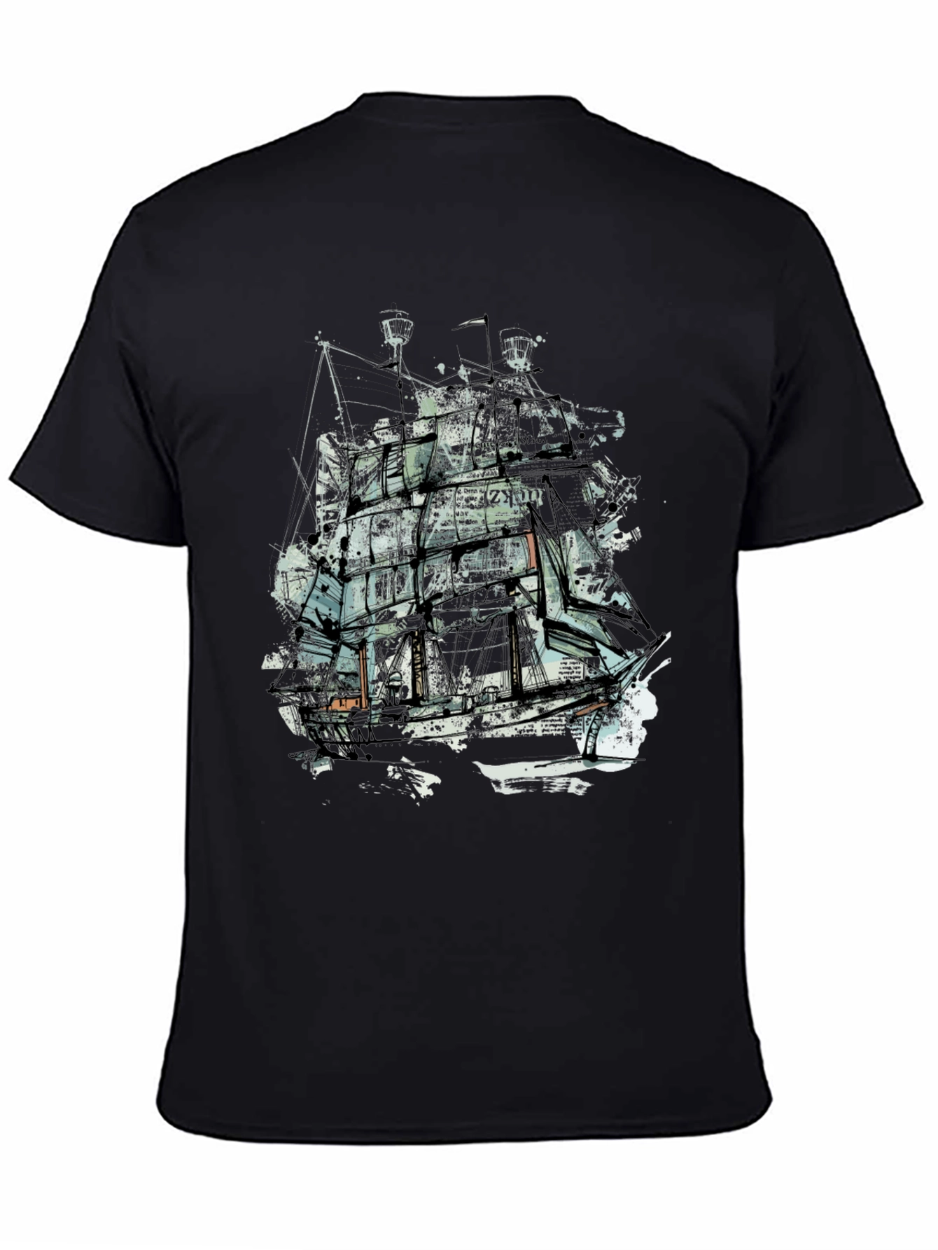 Abstract Ship Graphic Tee - Crew Neck Black T-Shirt
