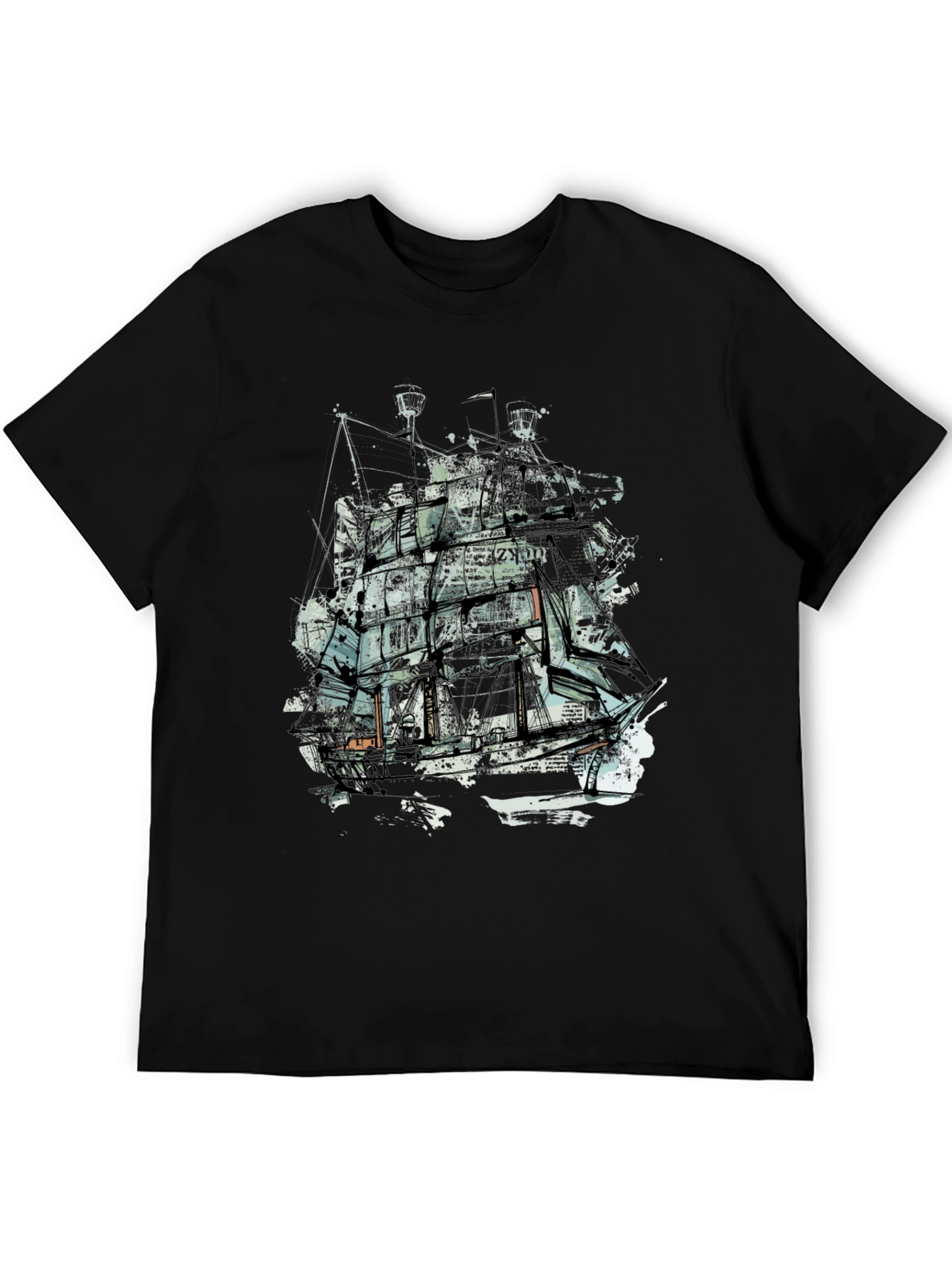 Abstract Ship Graphic Tee - Crew Neck Black T-Shirt