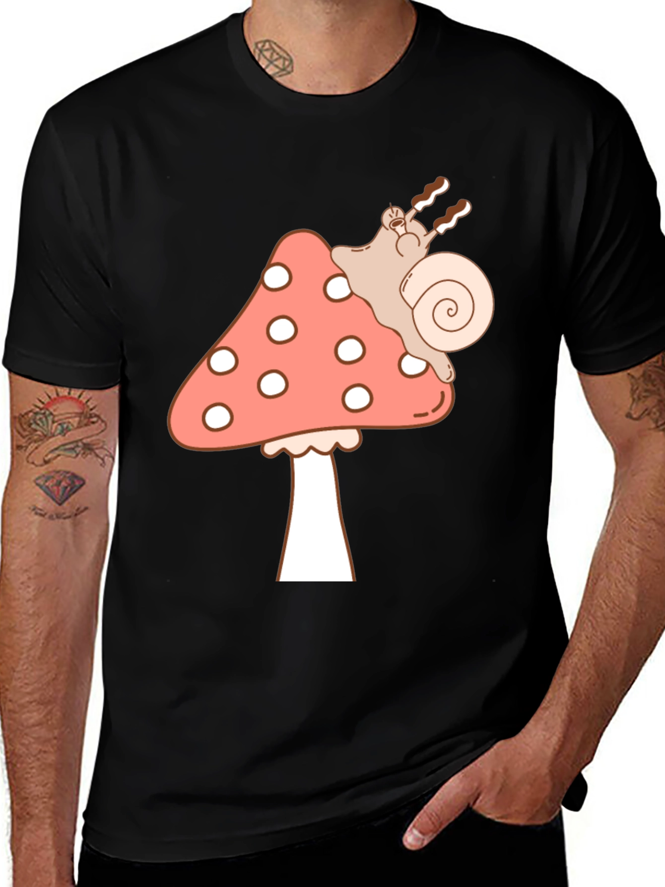 Mushroom Snail Graphic Tee - Black Cotton T-Shirt