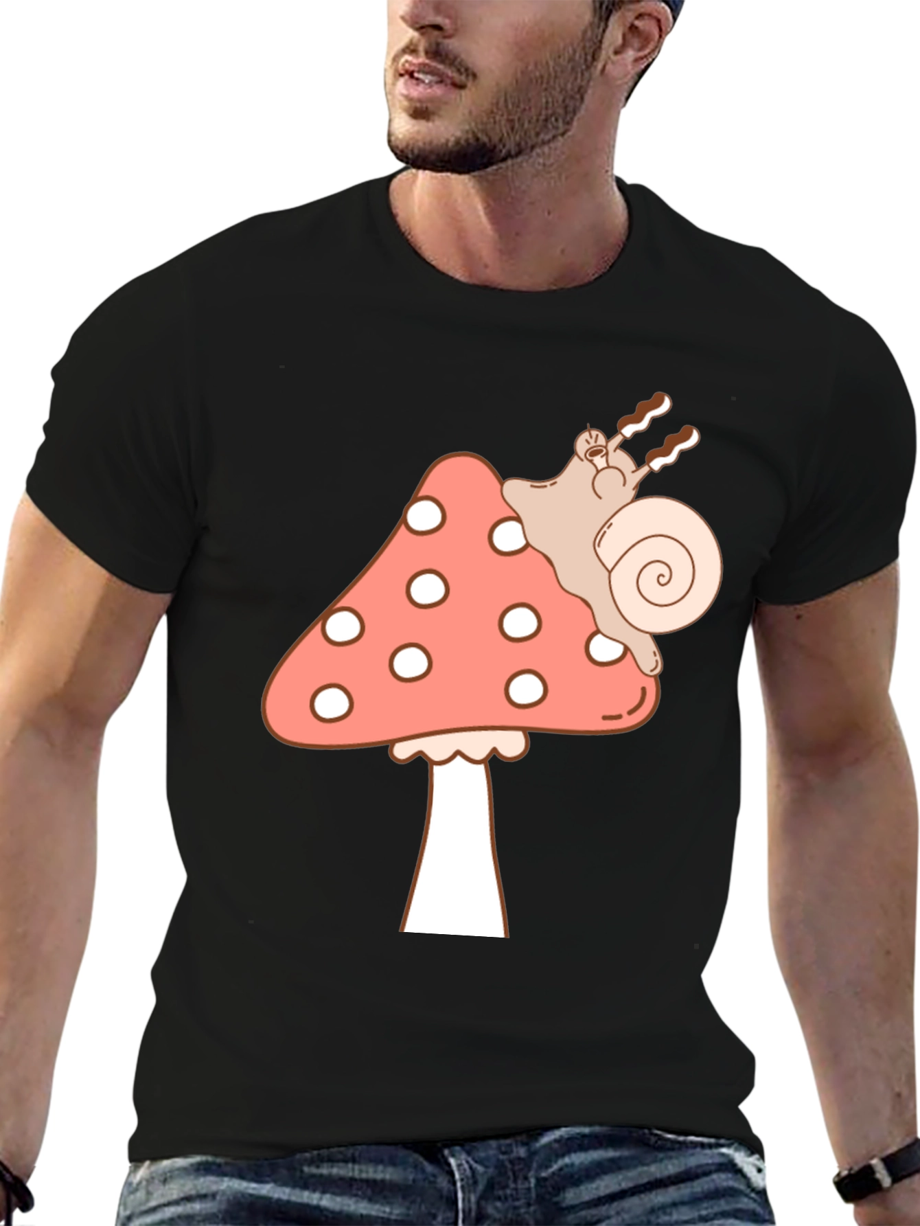 Mushroom Snail Graphic Tee - Black Cotton T-Shirt