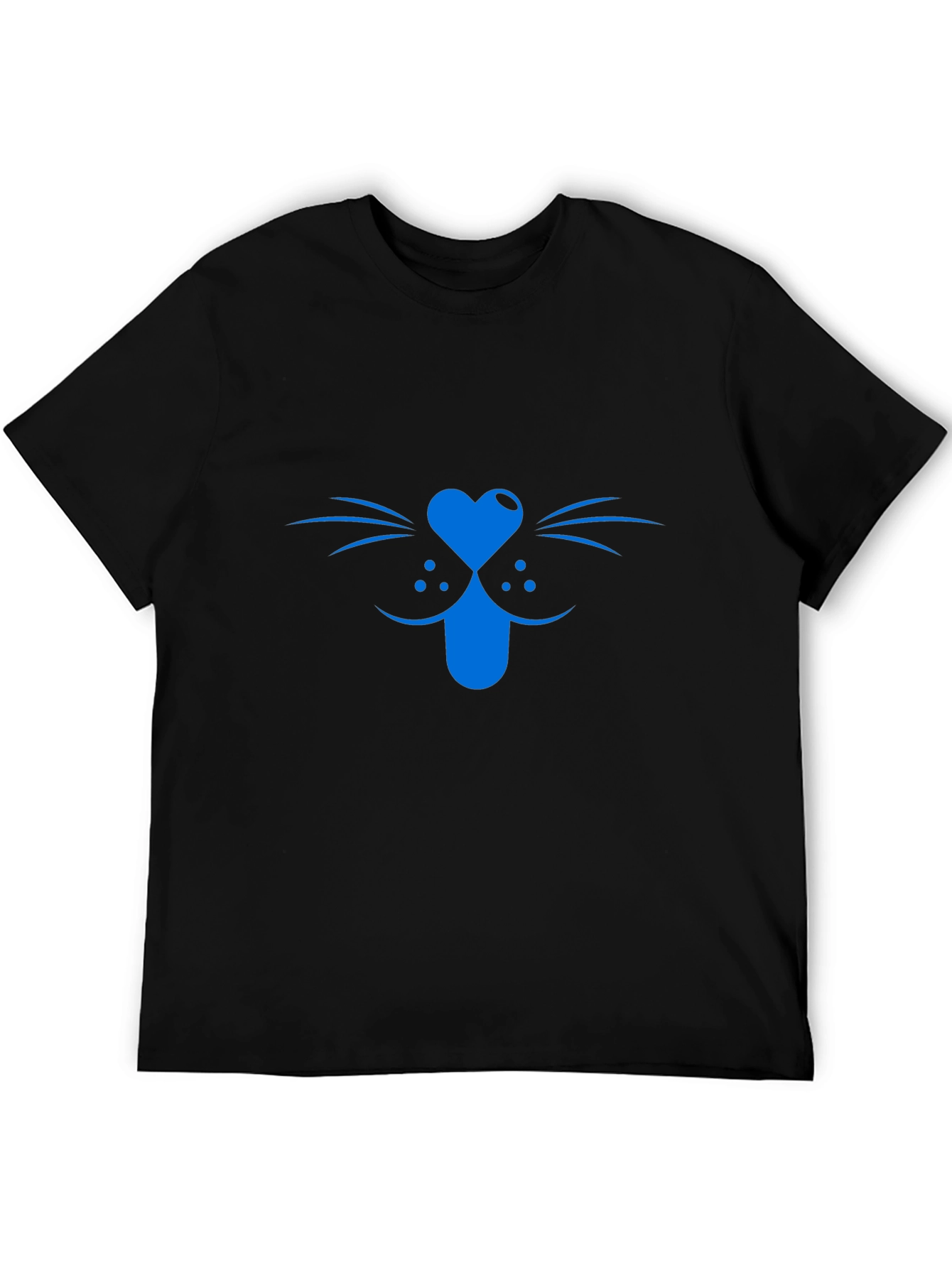 Blue Cat Face Graphic Tee - Black Cotton T-Shirt