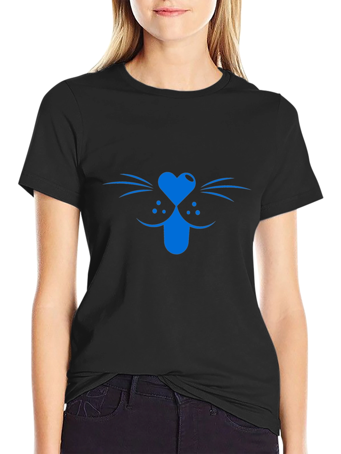 Blue Cat Face Graphic Tee - Black Cotton T-Shirt