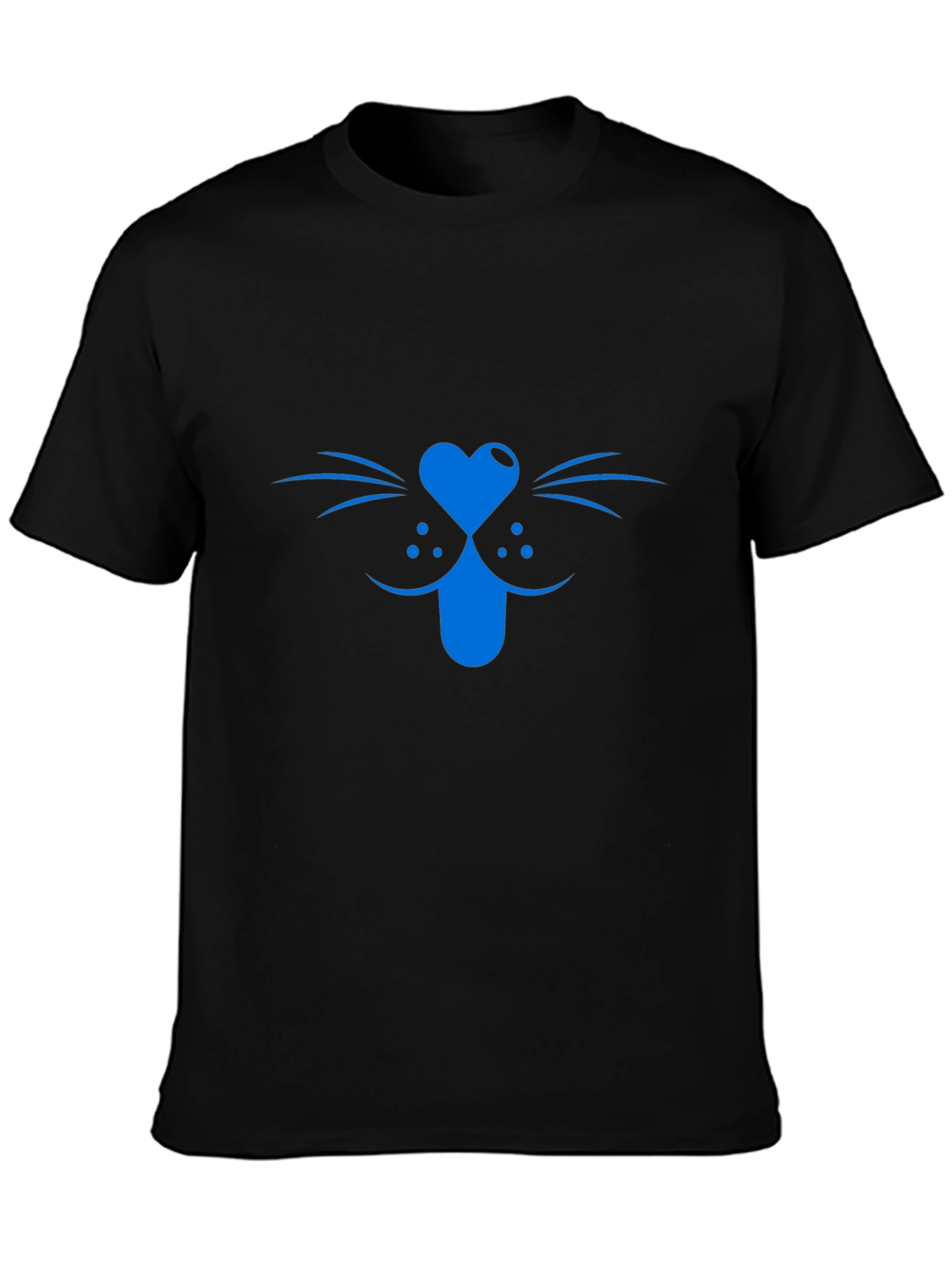 Blue Cat Face Graphic Tee - Black Cotton T-Shirt