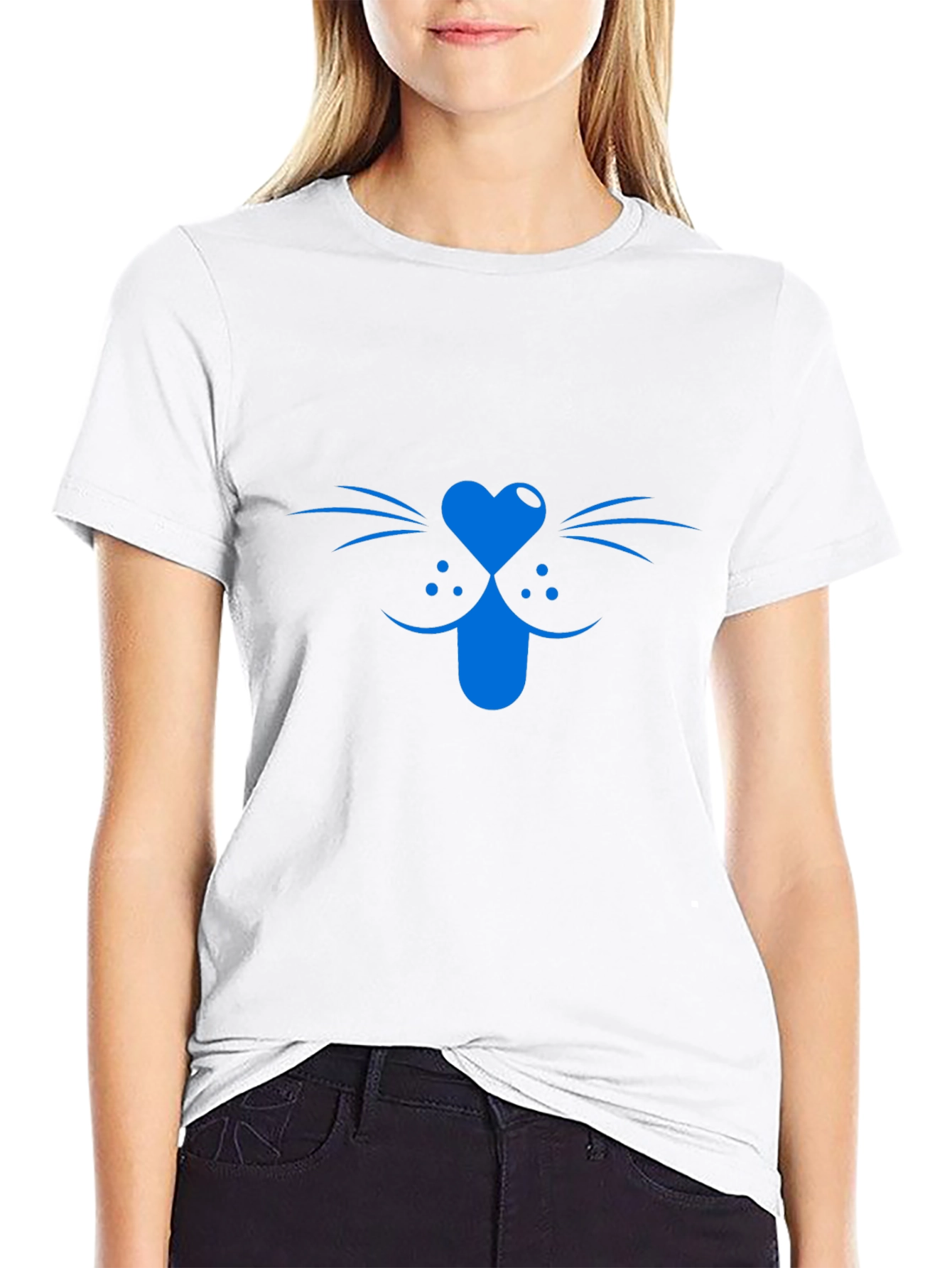 Blue Cat Face Graphic Tee - Black Cotton T-Shirt