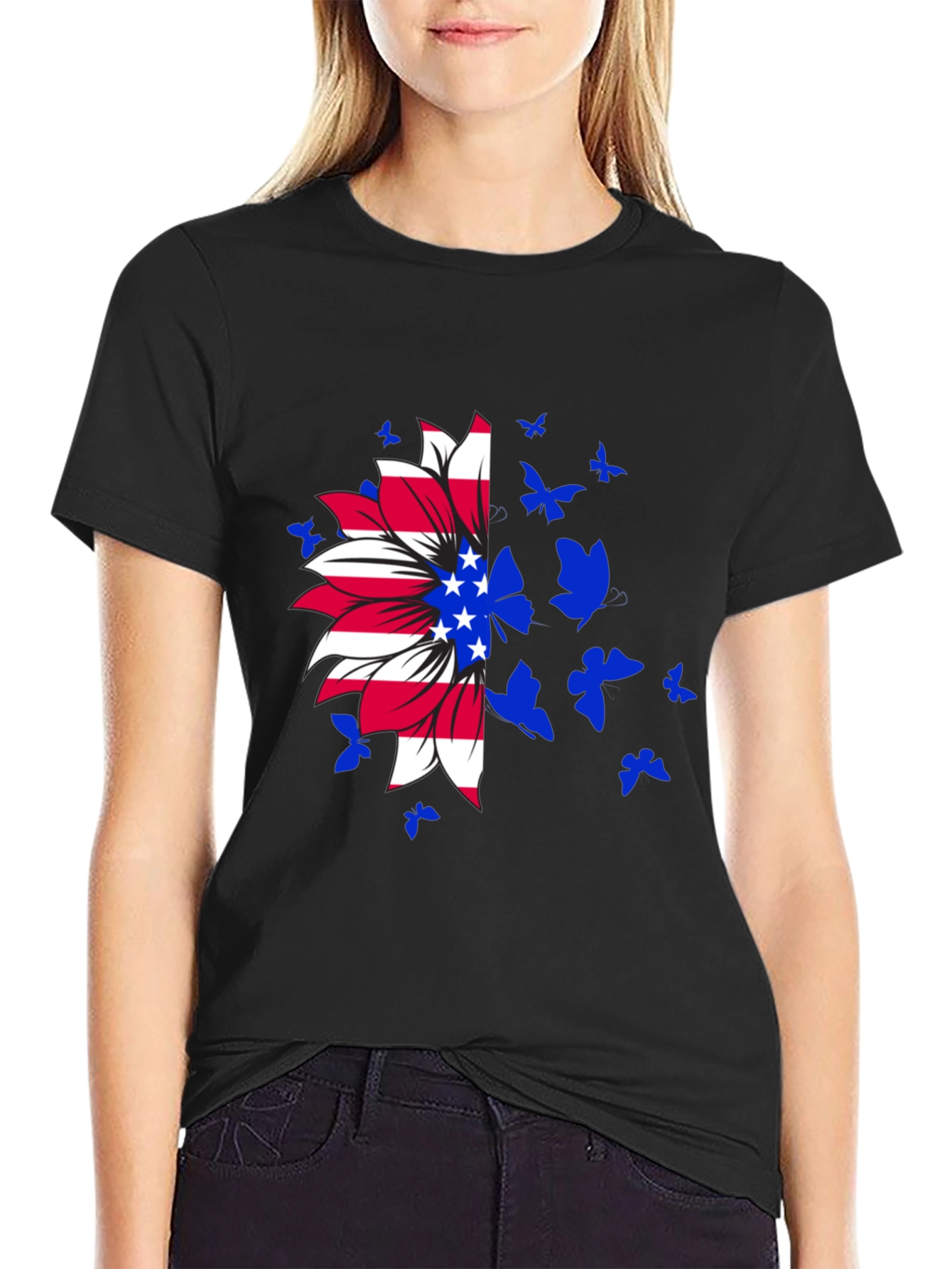 American Flag Sunflower Butterfly Graphic Tee
