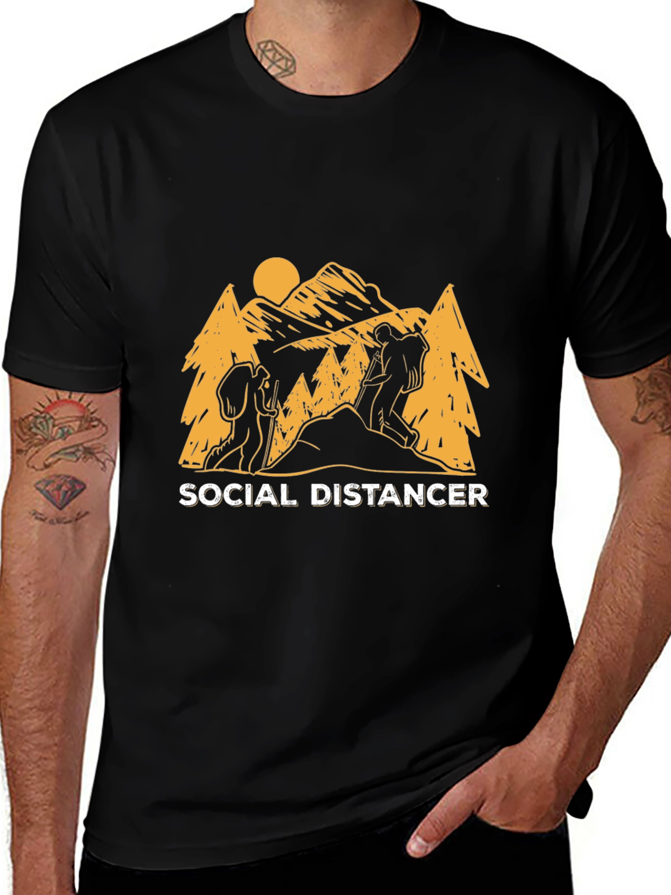 Social Distancer Hiking Graphic Tee - Black Cotton Blend