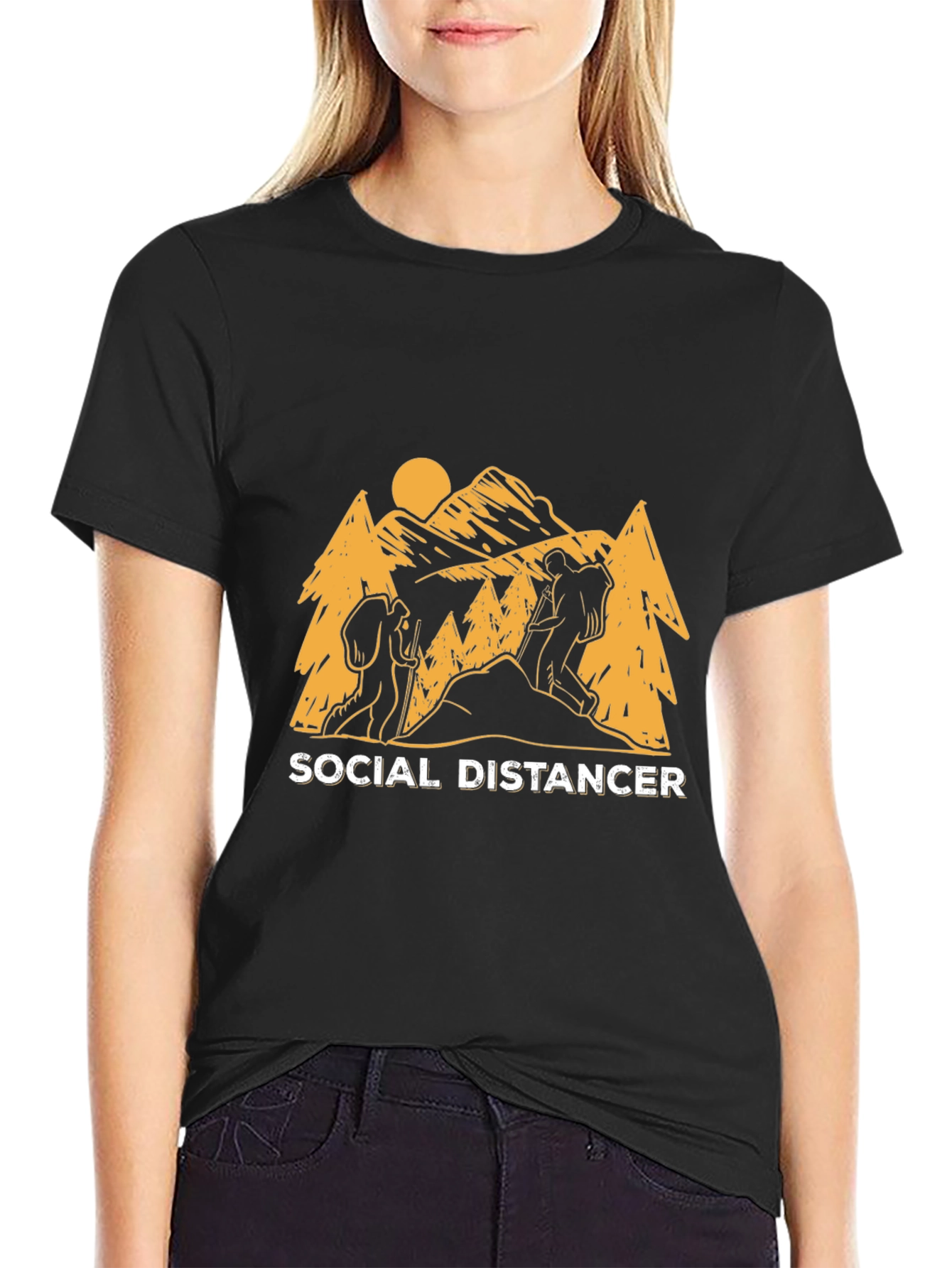 Social Distancer Hiking Graphic Tee - Black Cotton Blend