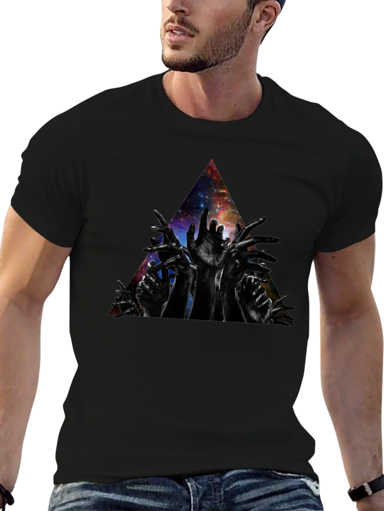 Galaxy Hands Graphic T-Shirt - Modern Artistic Design