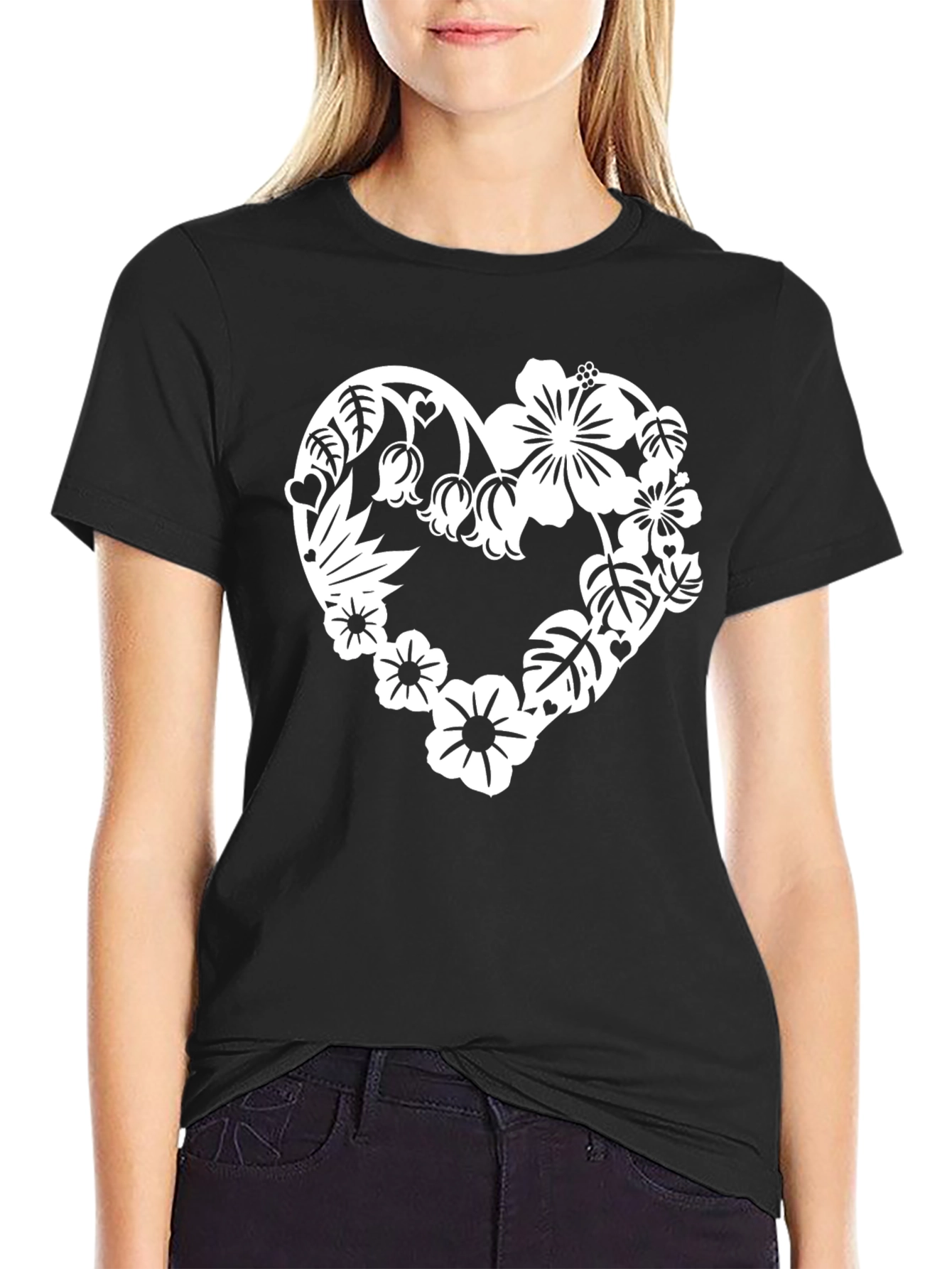 Floral Heart Graphic Tee - Stylish Black T-Shirt