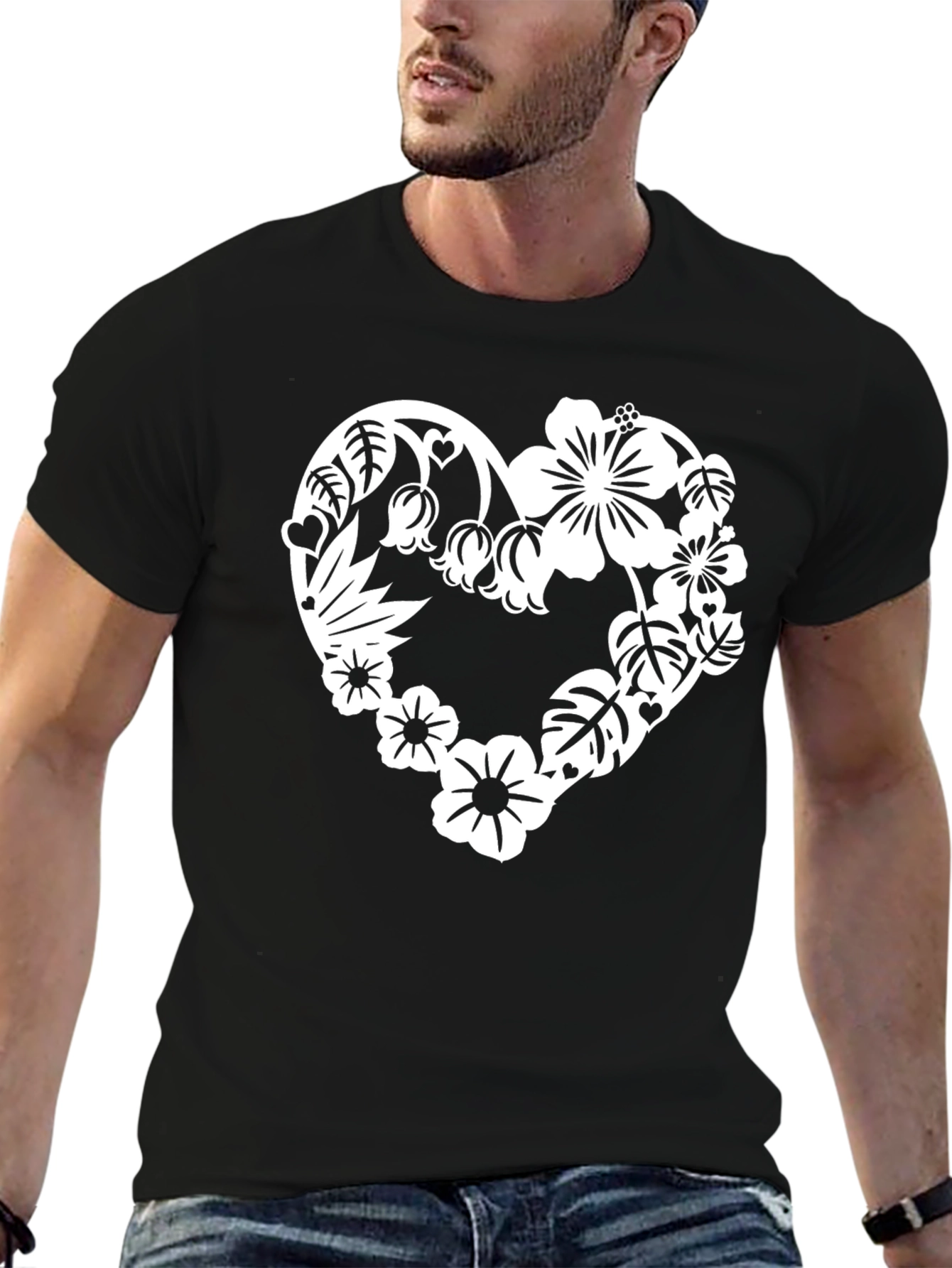 Floral Heart Graphic Tee - Stylish Black T-Shirt