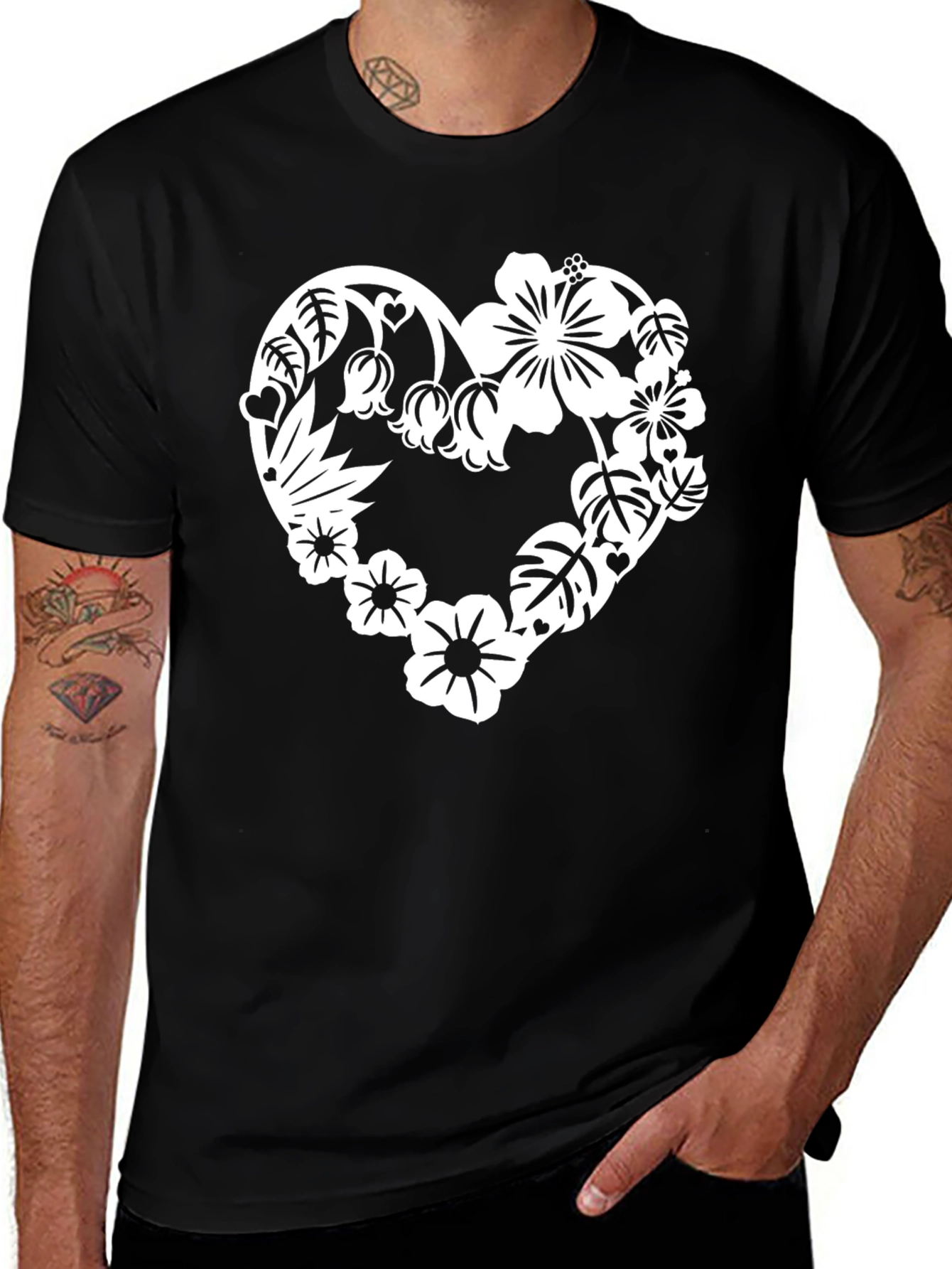 Floral Heart Graphic Tee - Stylish Black T-Shirt