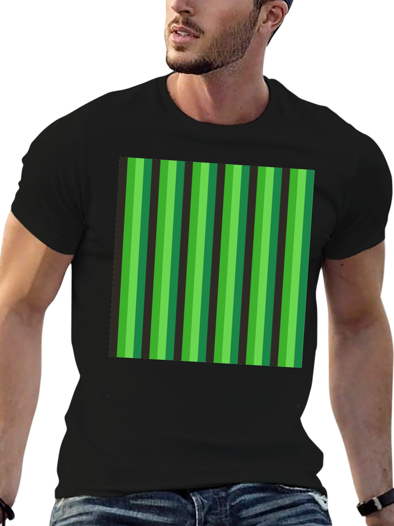 Striped Green & Black Graphic T-Shirt