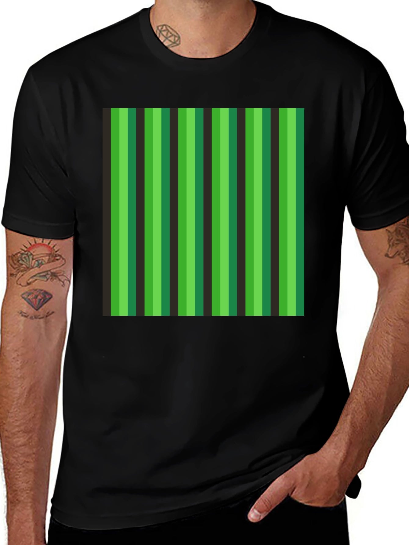 Striped Green & Black Graphic T-Shirt