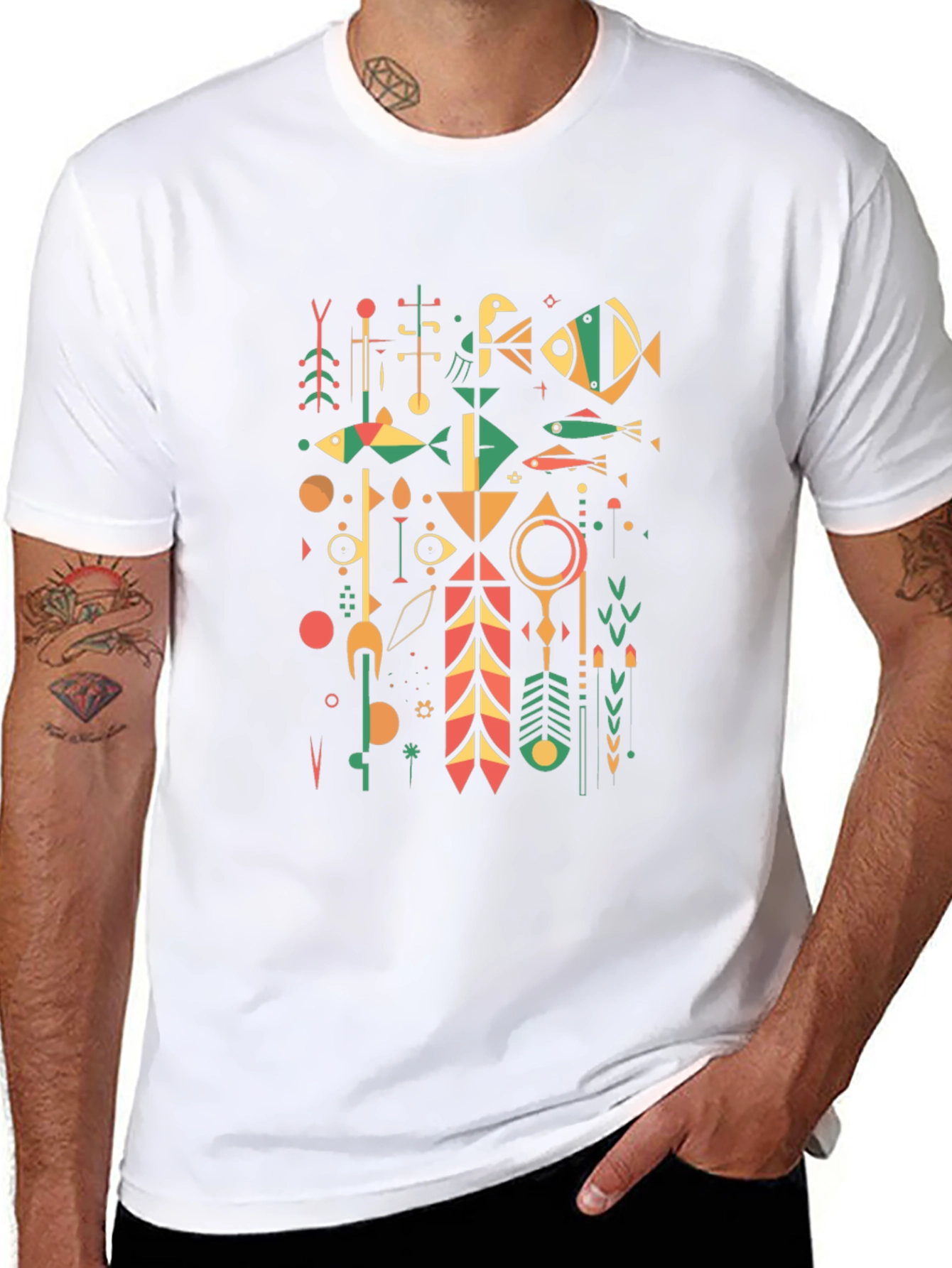 Abstract Geometric Graphic Print Tee - Black