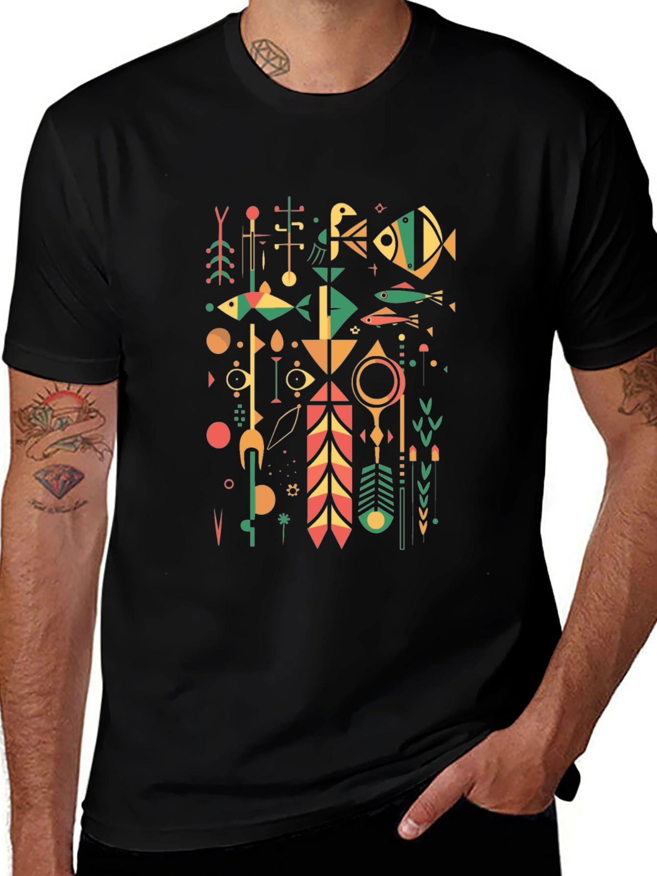 Abstract Geometric Graphic Print Tee - Black