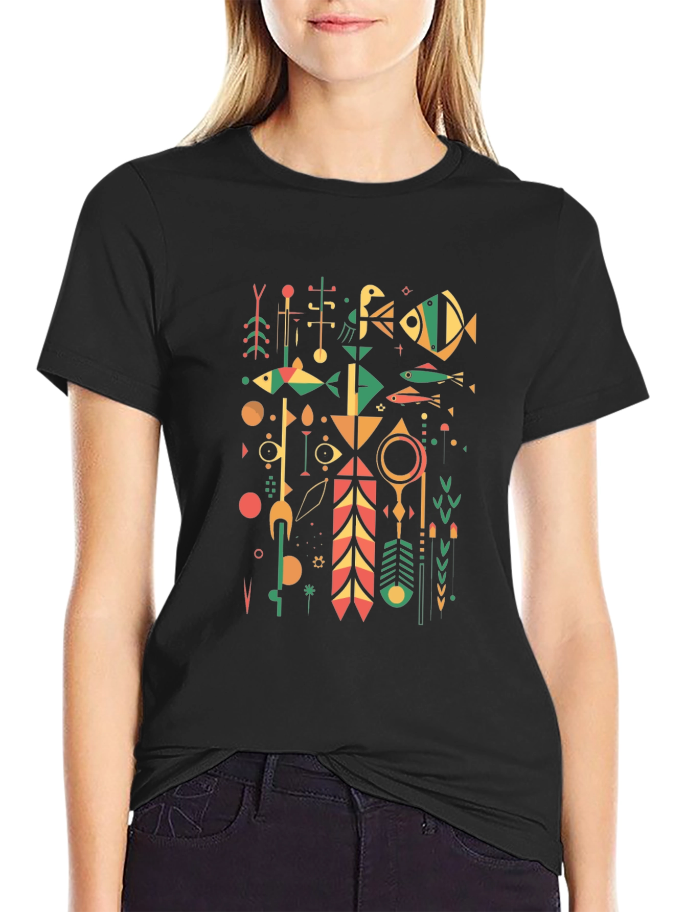 Abstract Geometric Graphic Print Tee - Black