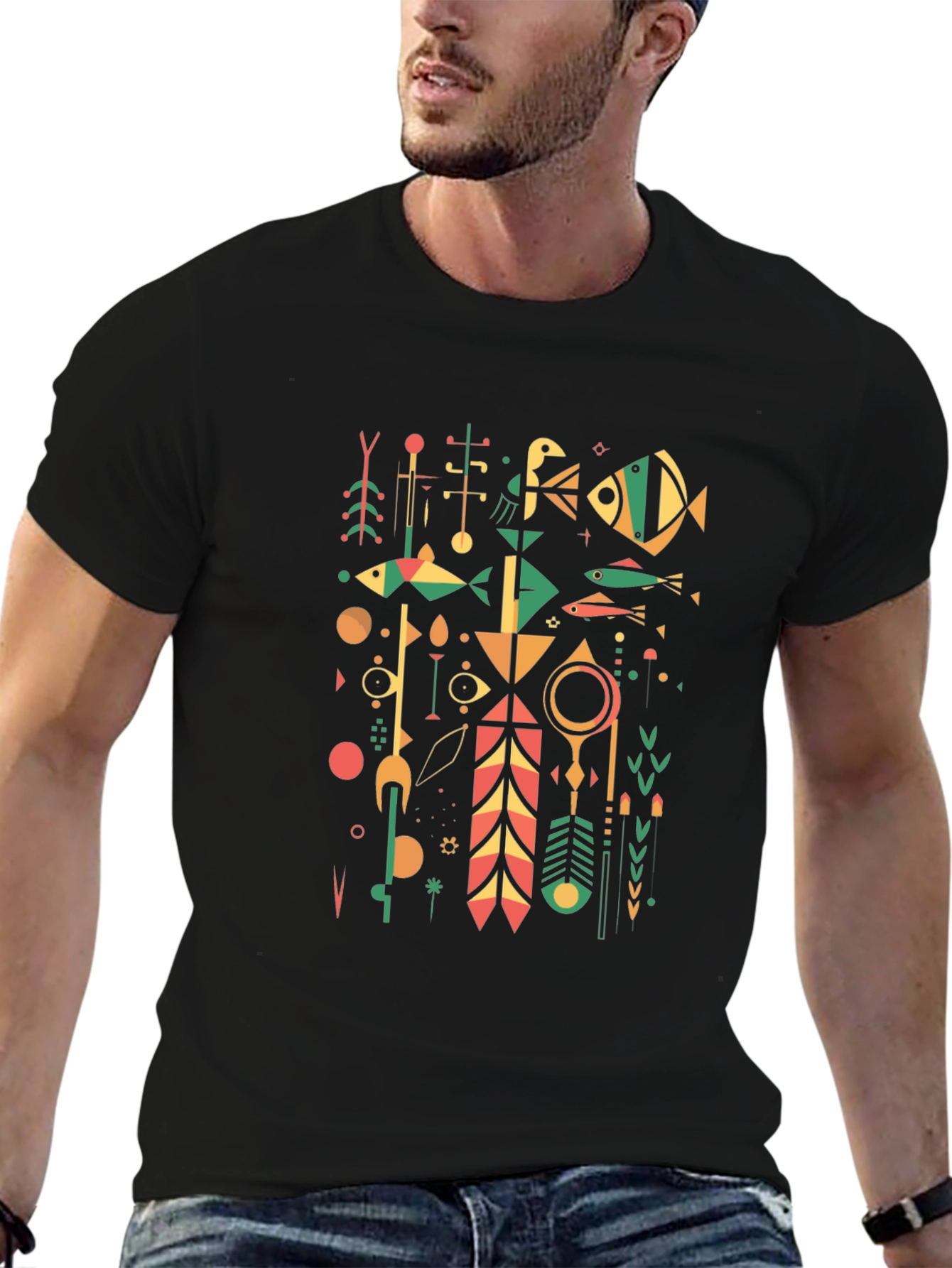 Abstract Geometric Graphic Print Tee - Black
