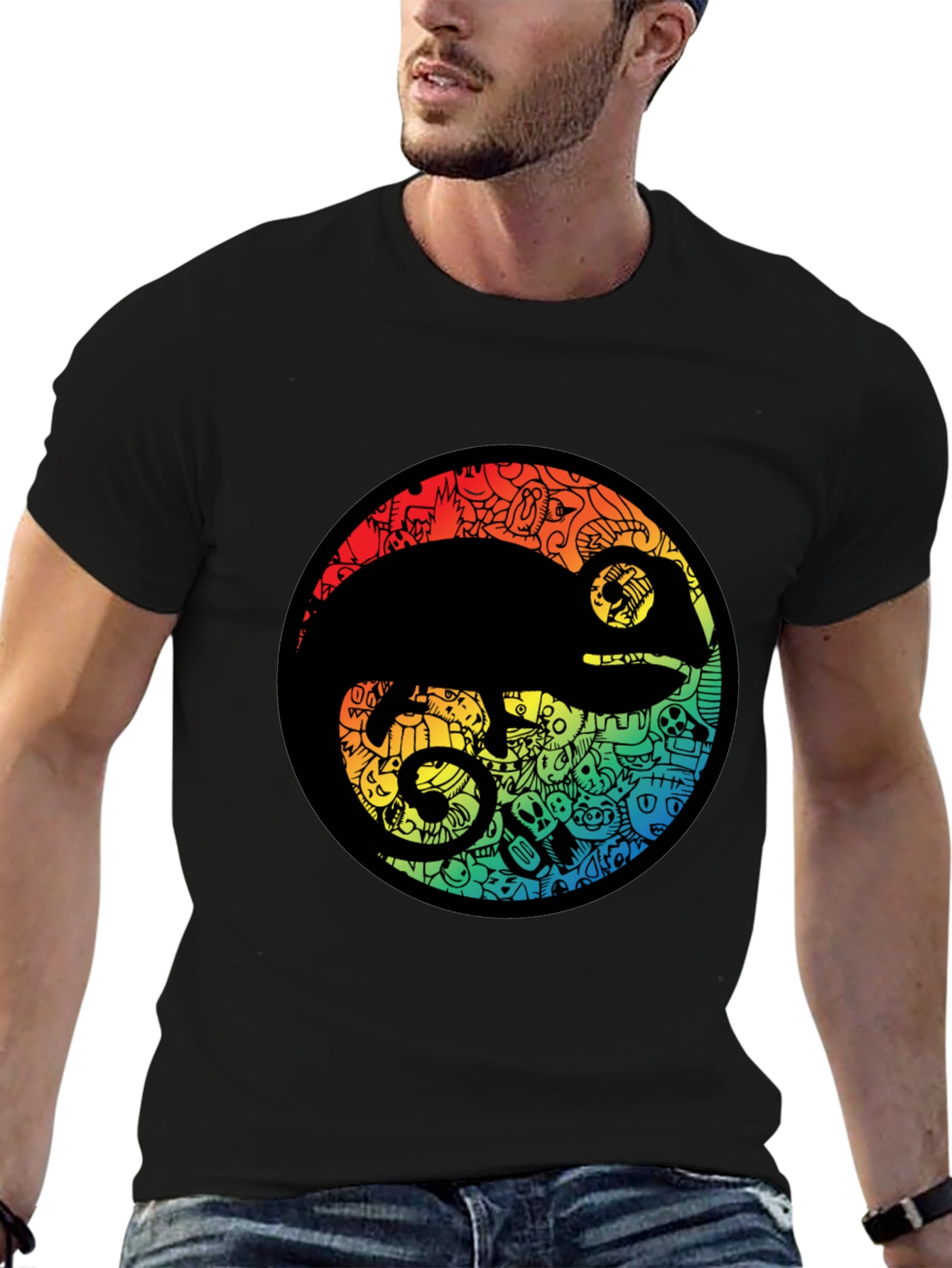 Chameleon Doodle Art Black T-Shirt