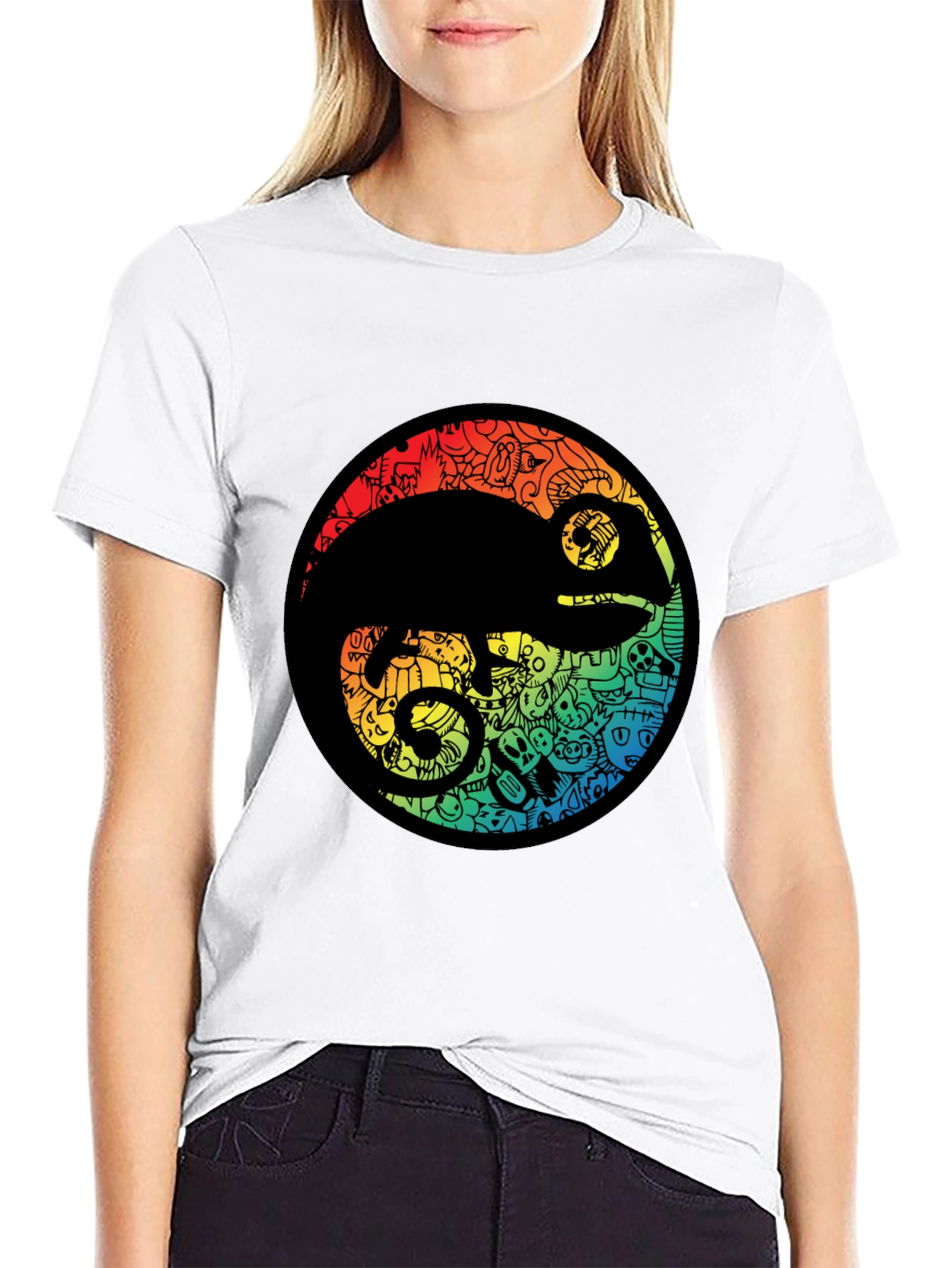 Chameleon Doodle Art Black T-Shirt
