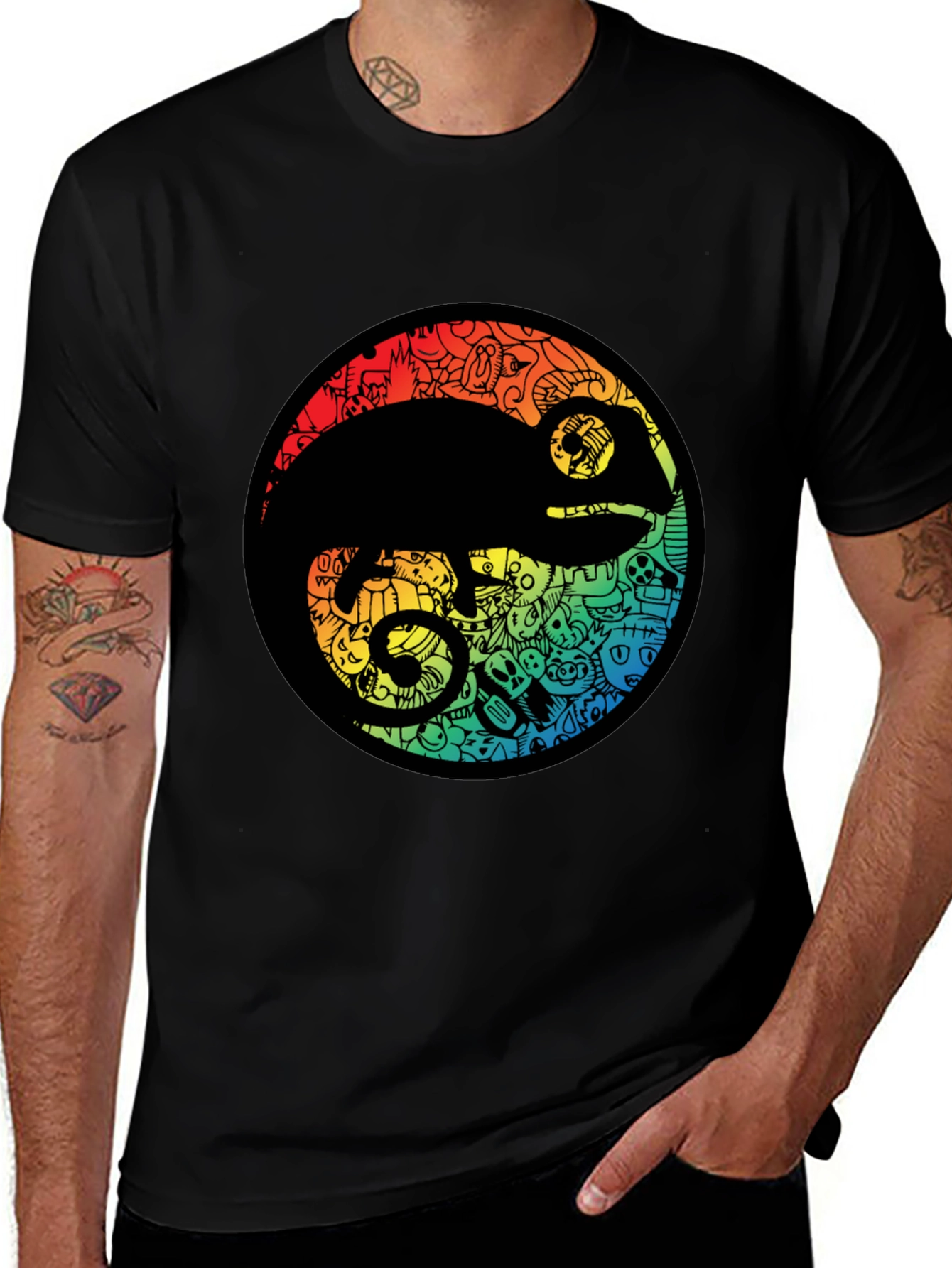 Chameleon Doodle Art Black T-Shirt