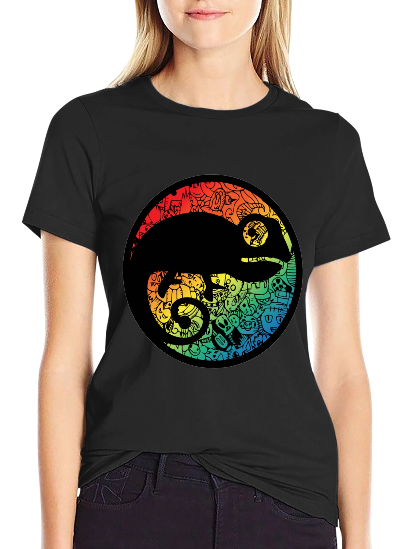Chameleon Doodle Art Black T-Shirt