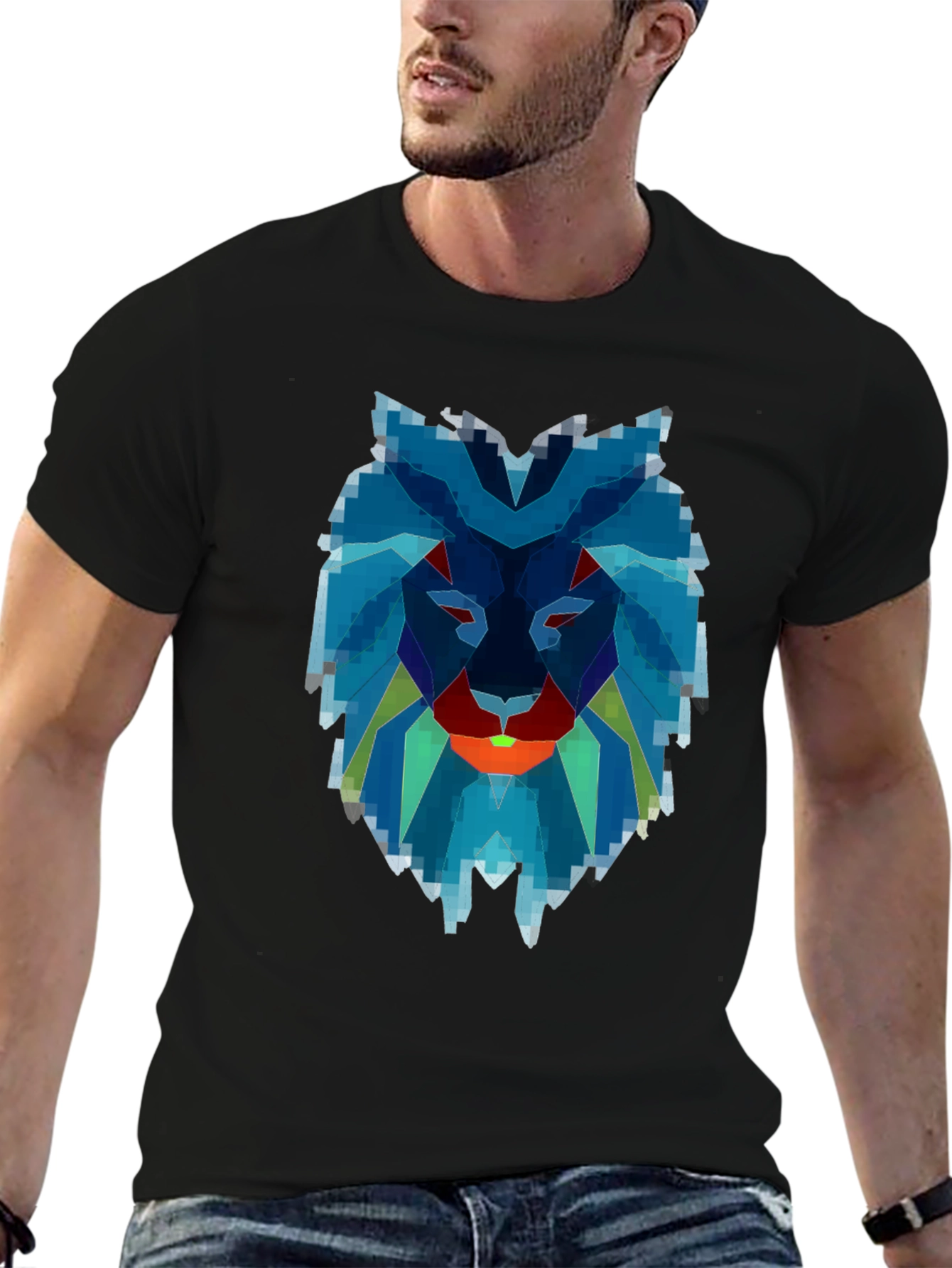 Geometric Lion Graphic Print Black T-Shirt