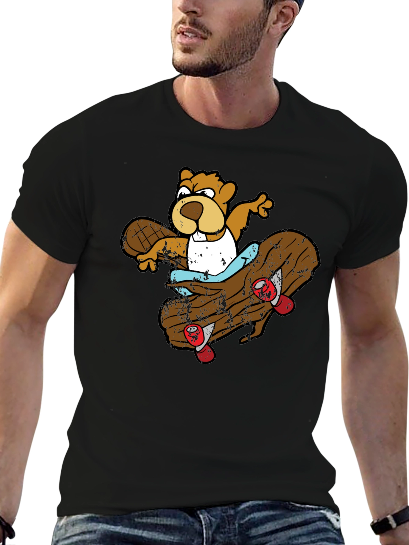 Skating Beaver Graphic T-Shirt - Black