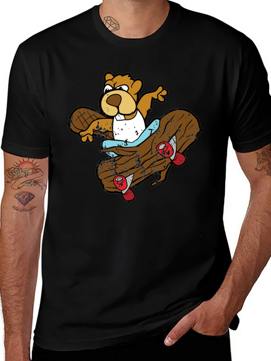Skating Beaver Graphic T-Shirt - Black
