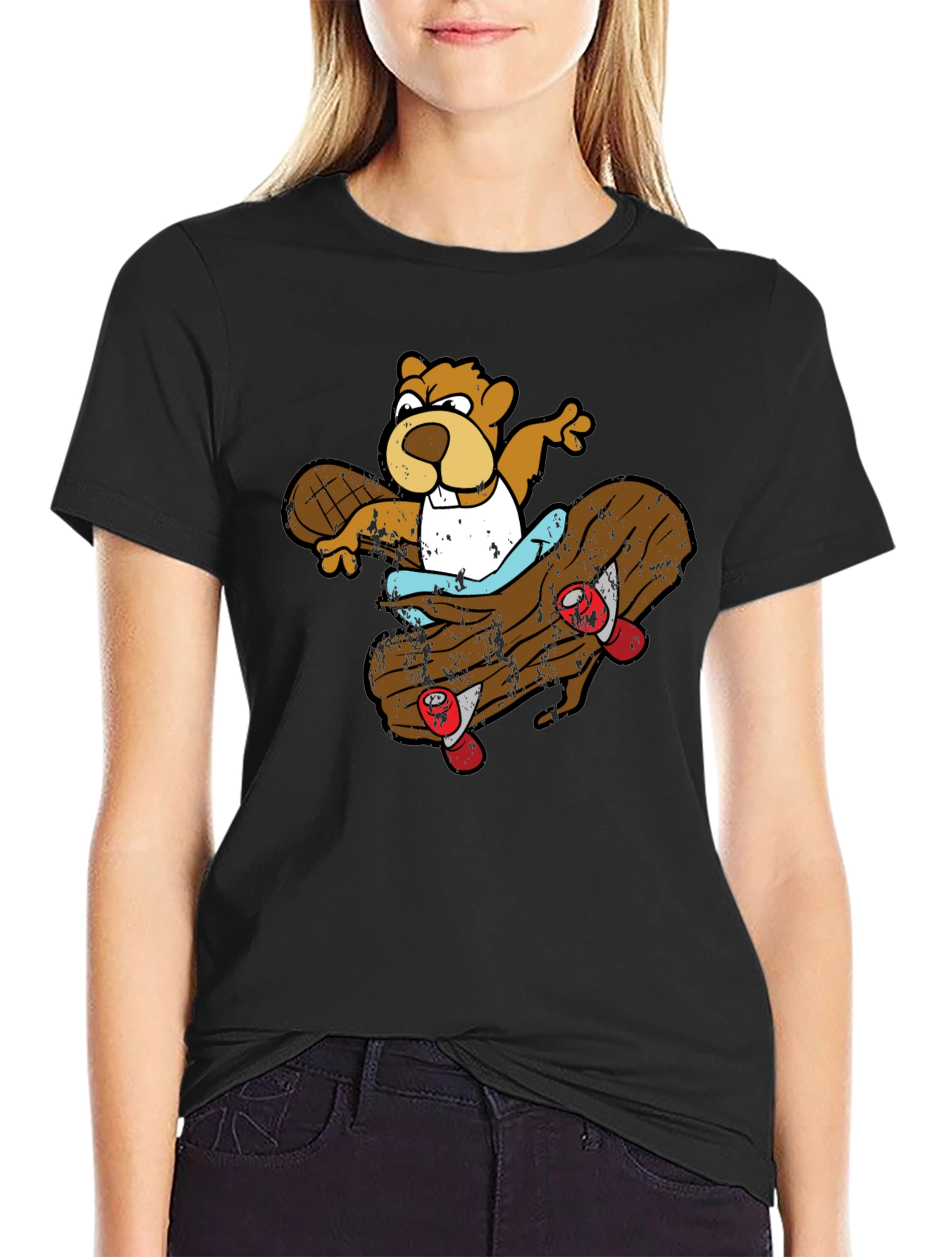 Skating Beaver Graphic T-Shirt - Black