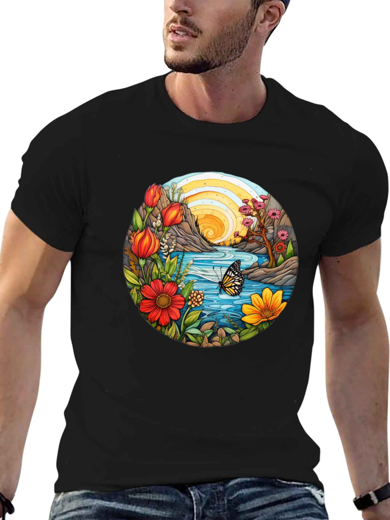 Nature Scene Graphic Tee - Black Cotton Blend
