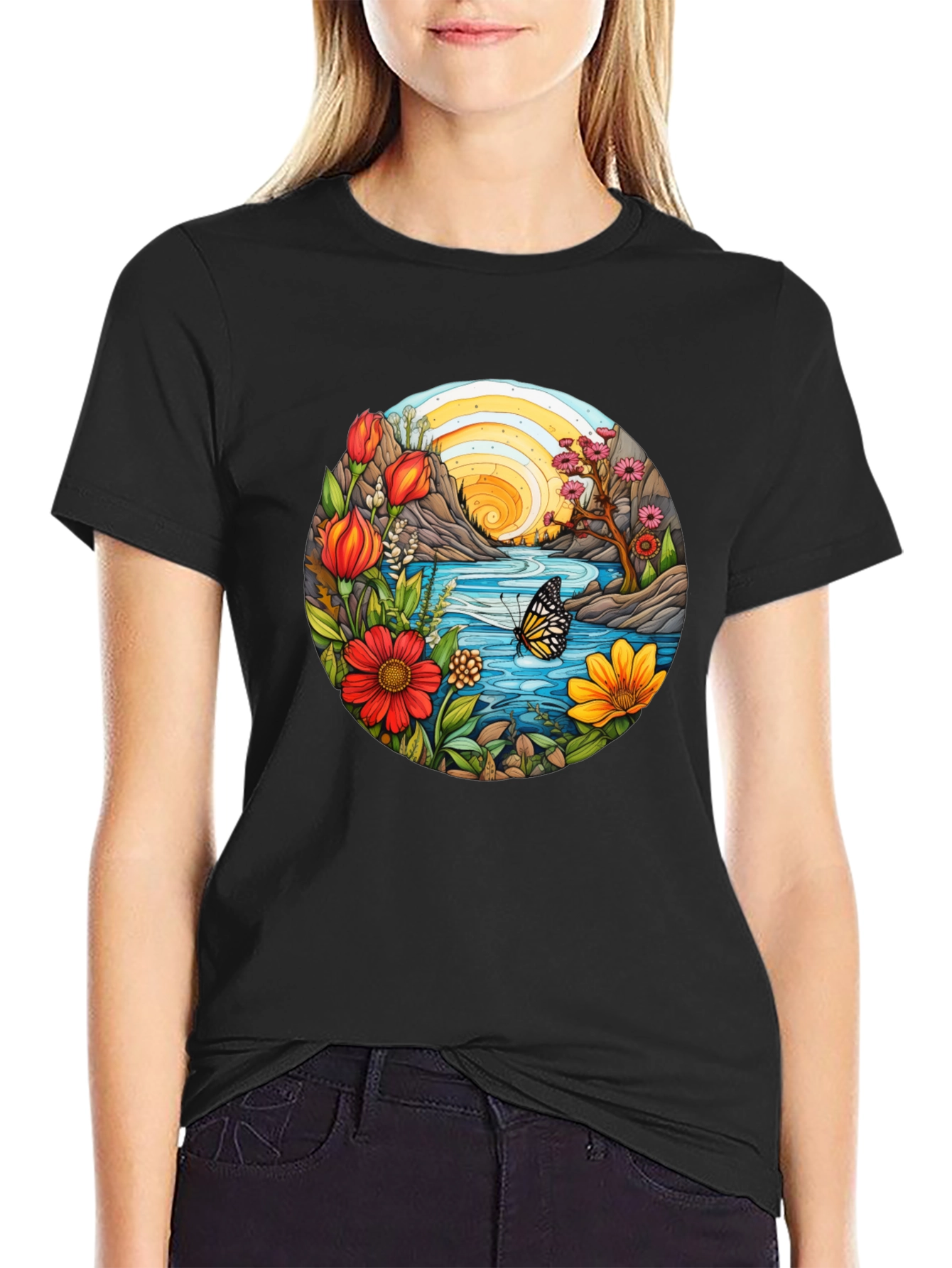 Nature Scene Graphic Tee - Black Cotton Blend
