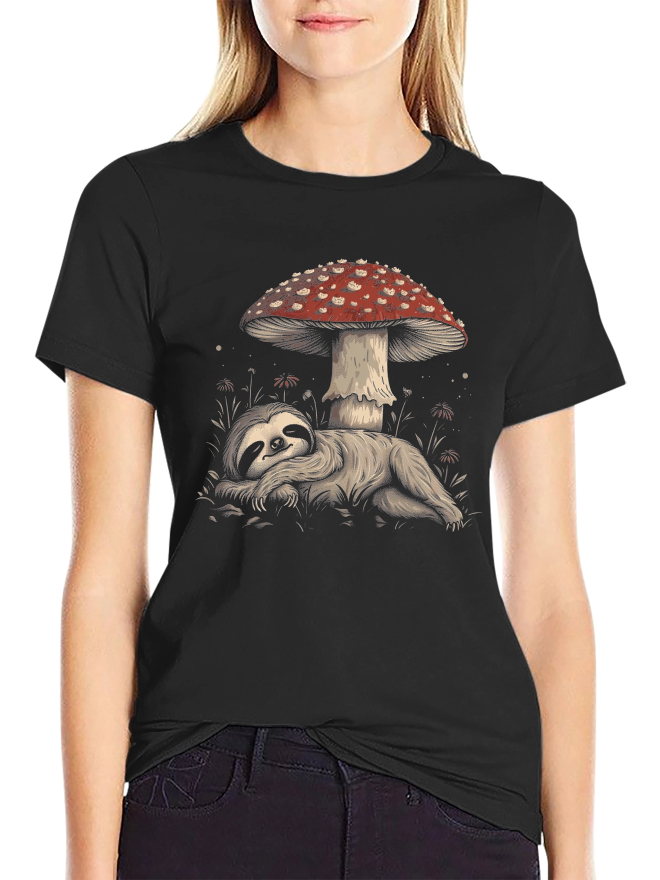 Sloth Under Mushroom Graphic Tee - Relaxed Fit