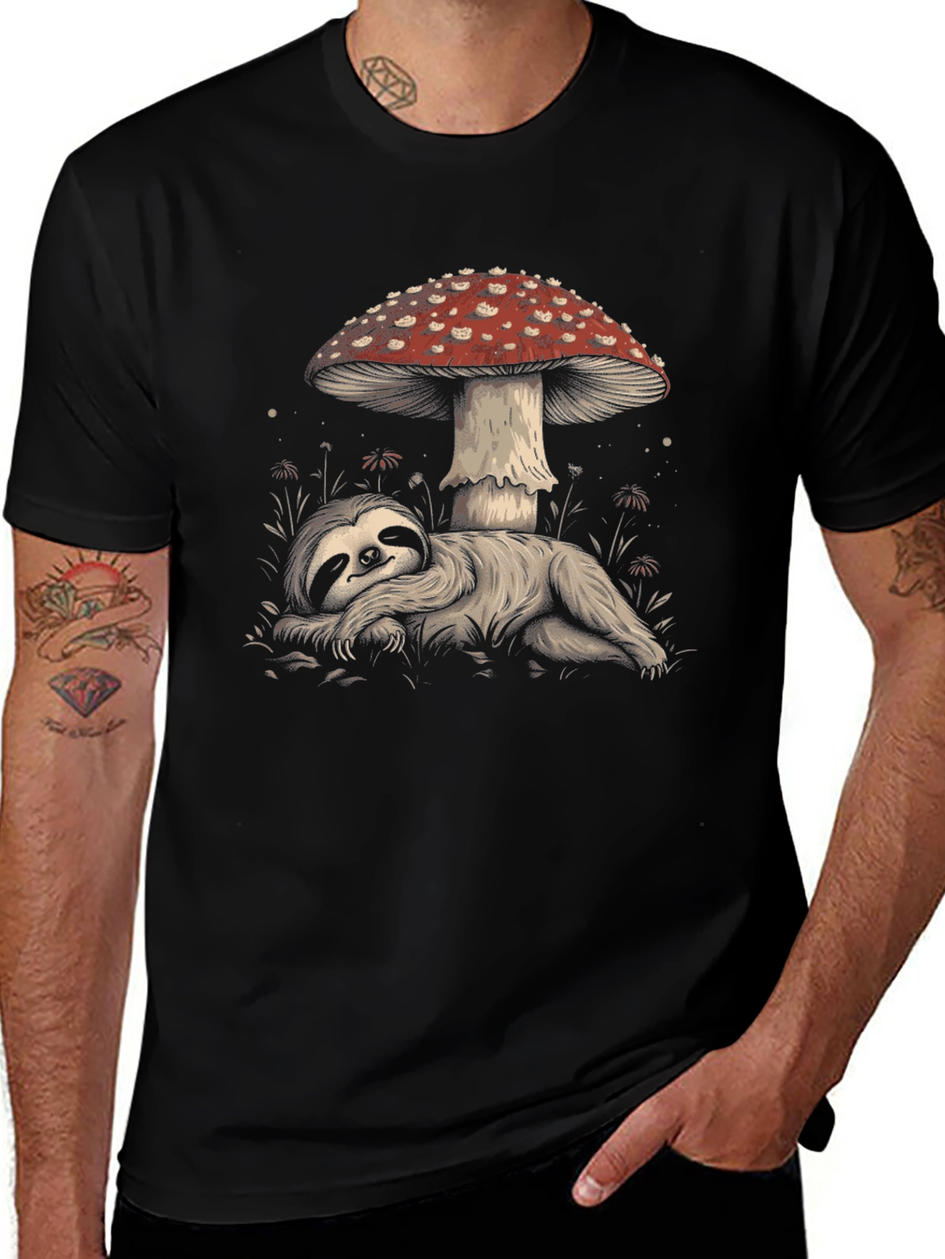 Sloth Under Mushroom Graphic Tee - Relaxed Fit