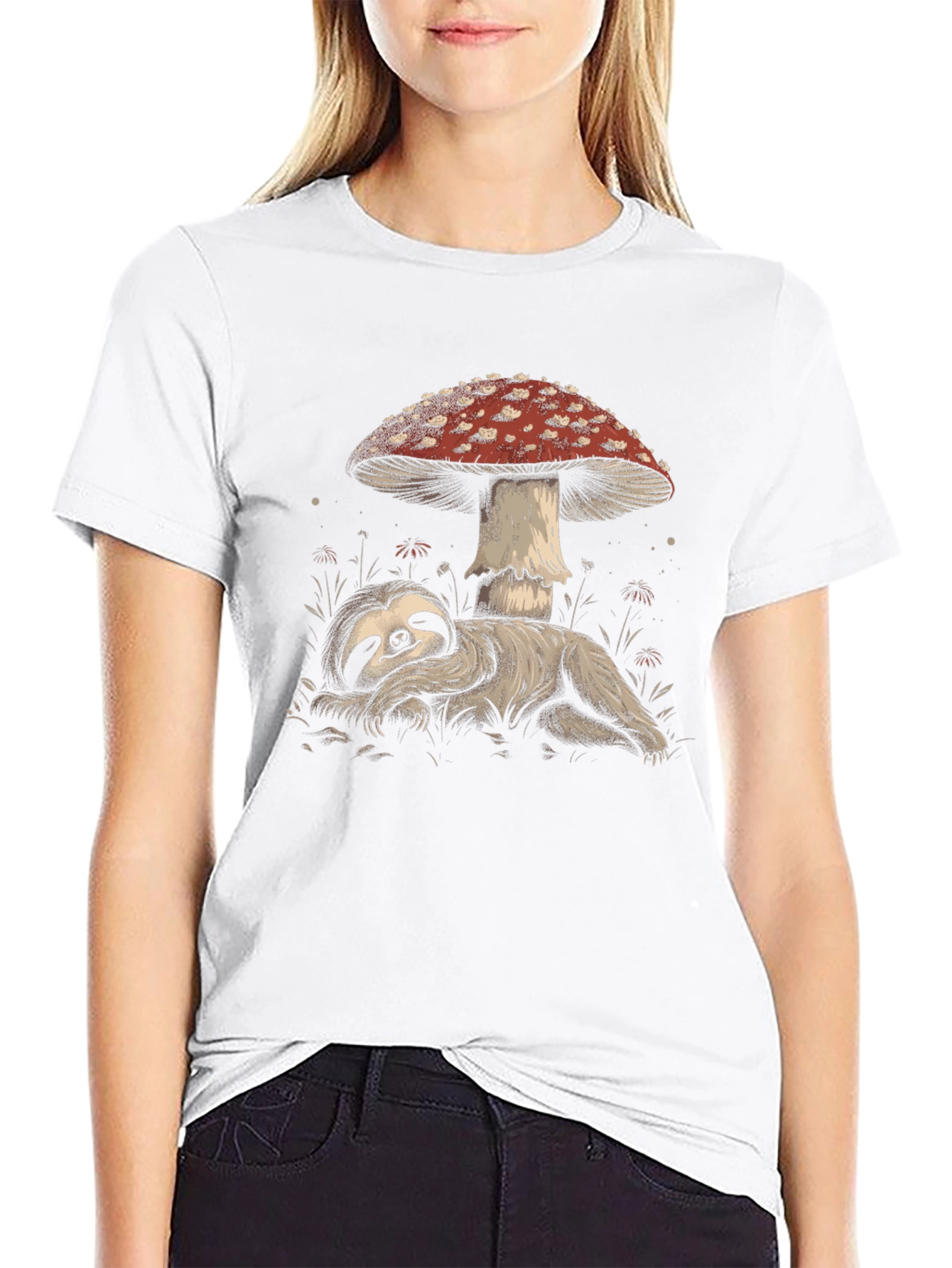 Sloth Under Mushroom Graphic Tee - Relaxed Fit