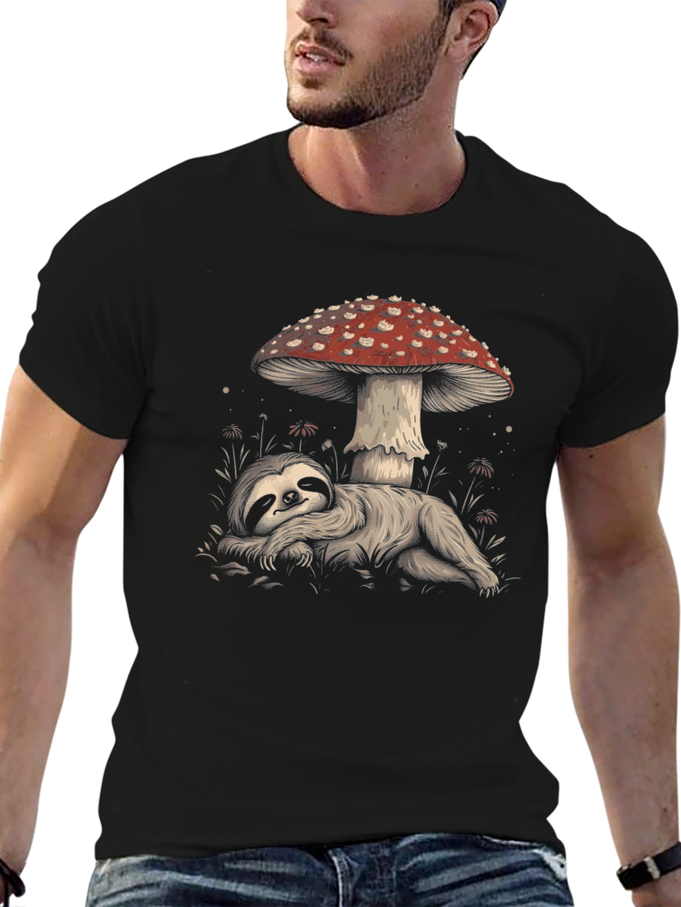 Sloth Under Mushroom Graphic Tee - Relaxed Fit