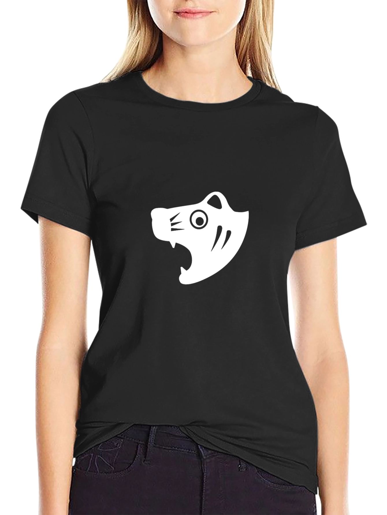 Black T-Shirt with White Minimalist Tiger Graphic