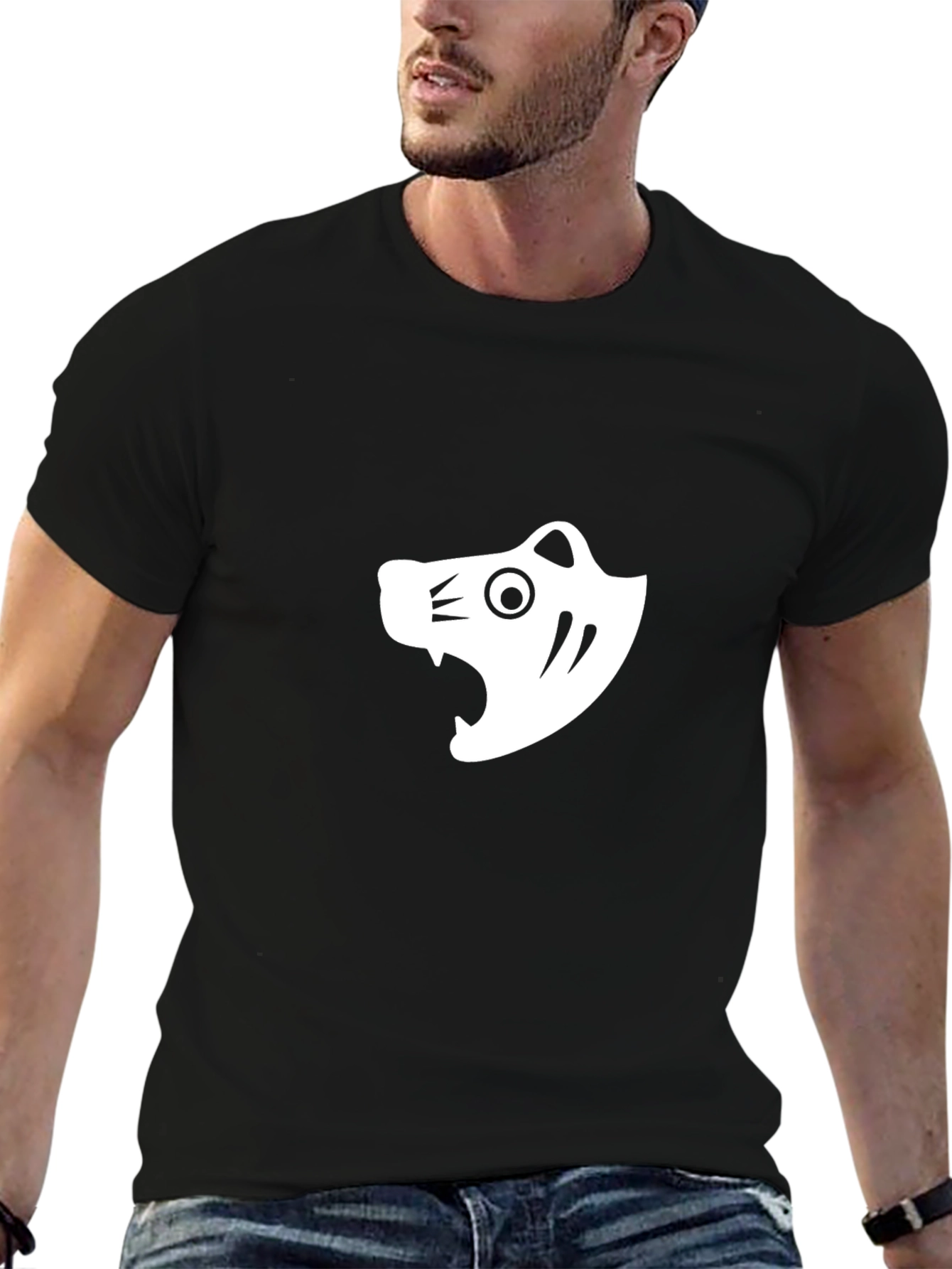 Black T-Shirt with White Minimalist Tiger Graphic