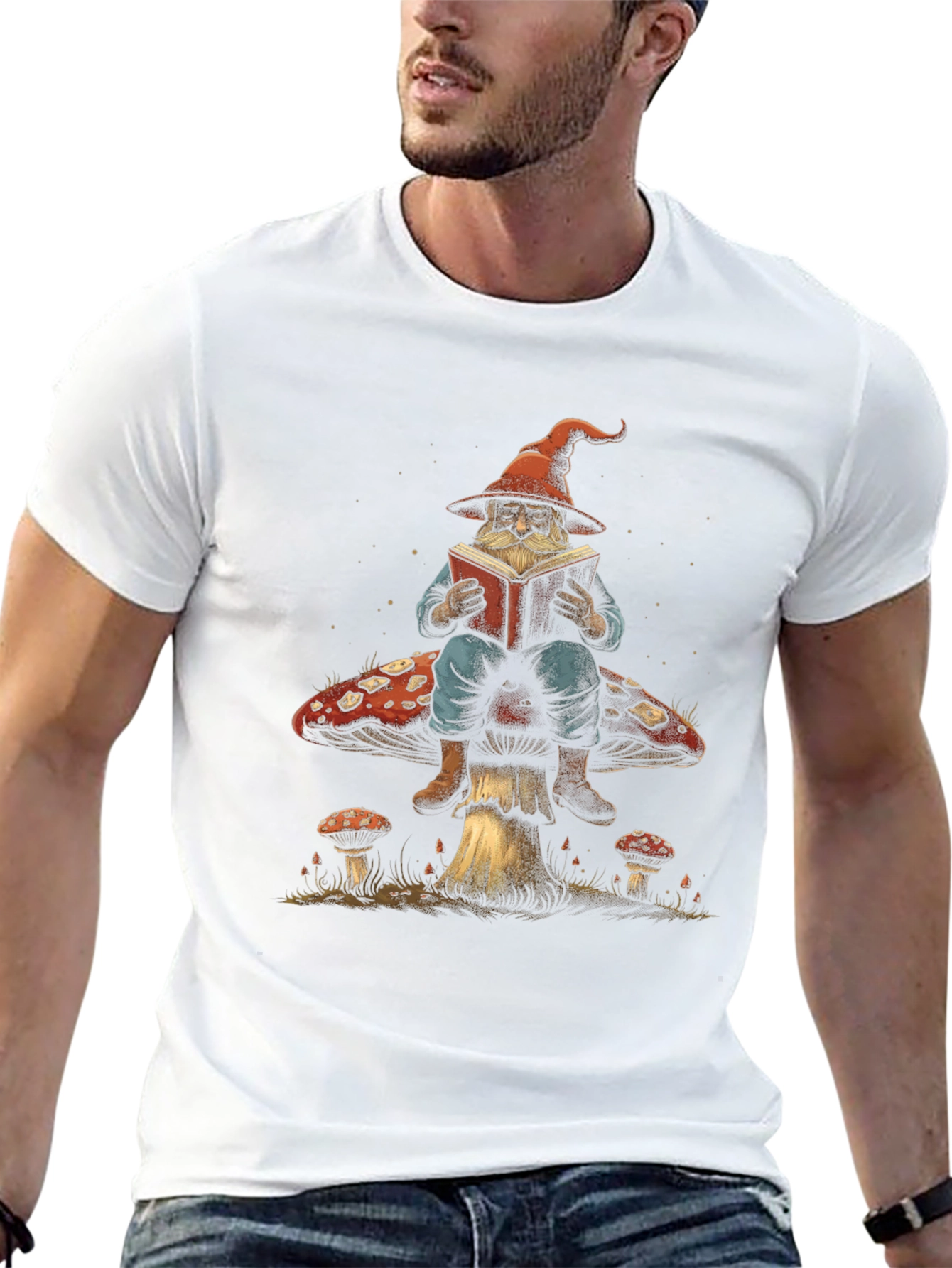 Wizard Reading Book On Mushroom Graphic T-Shirt
