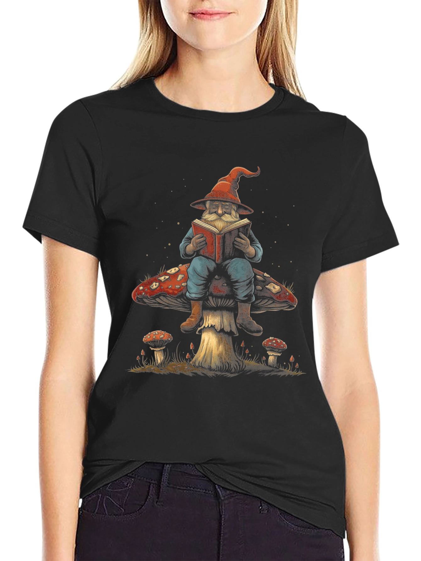 Wizard Reading Book On Mushroom Graphic T-Shirt