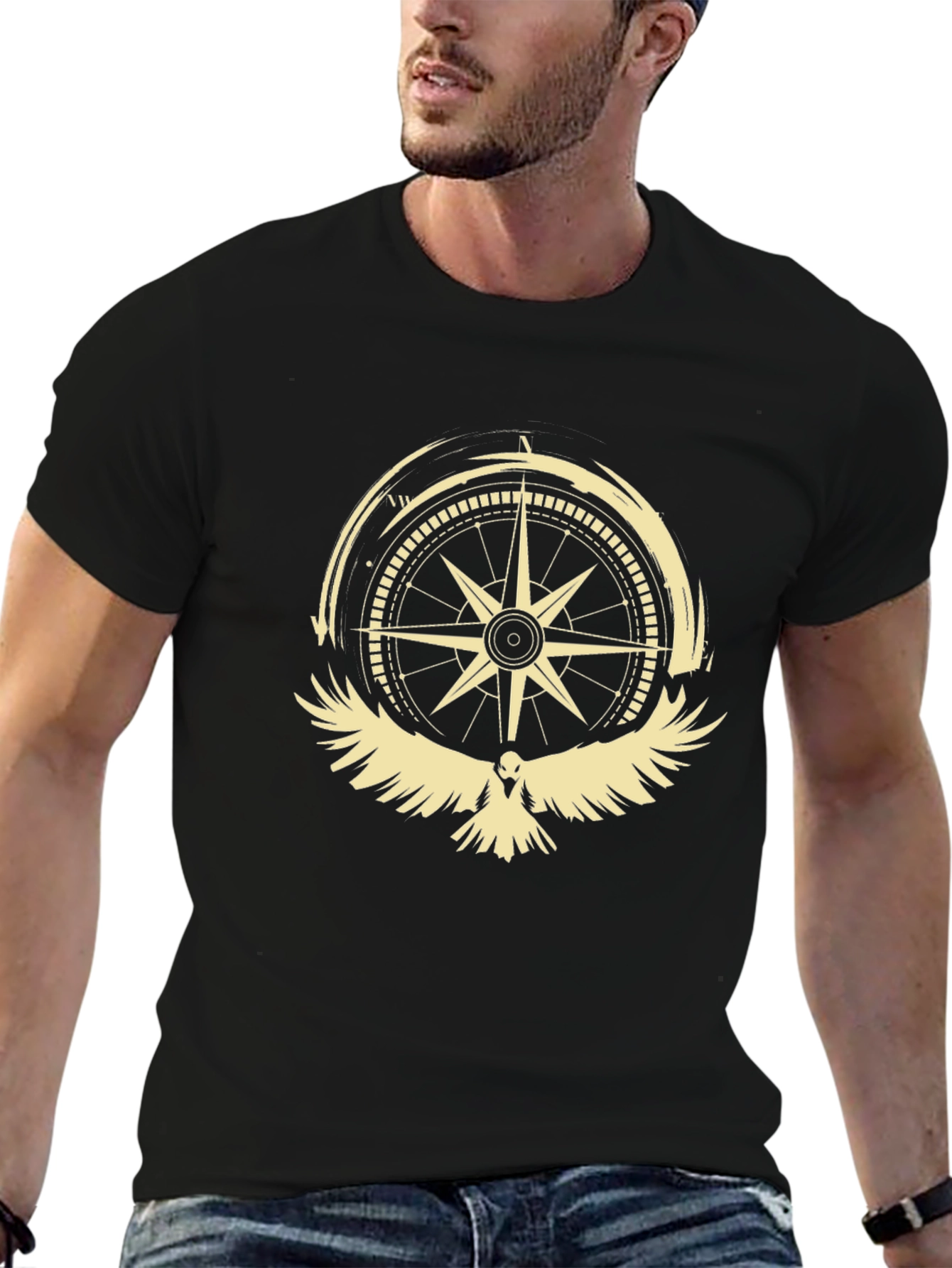 Compass & Bird Graphic Print Tee - Black