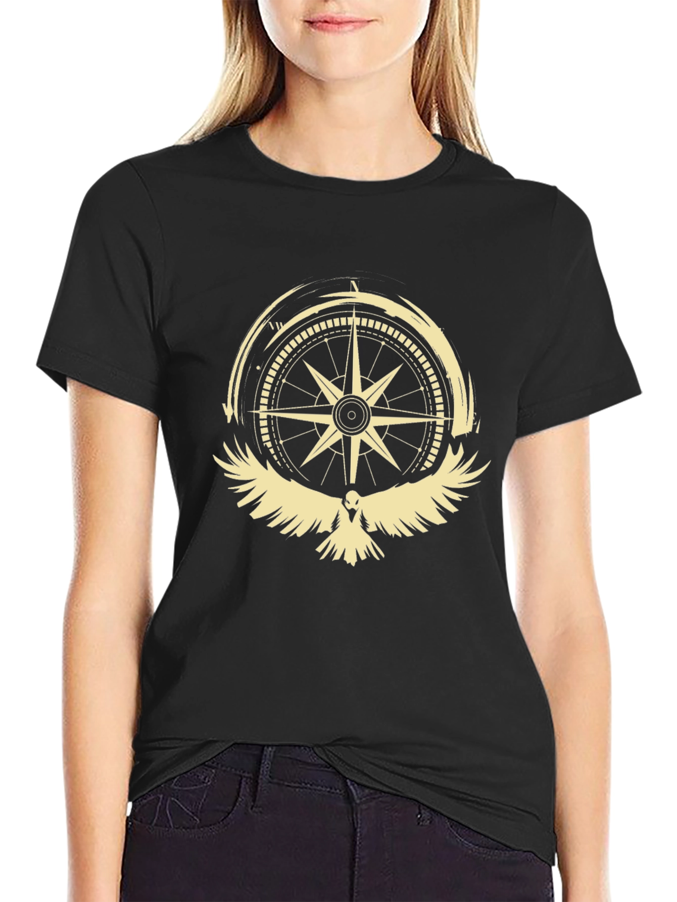 Compass & Bird Graphic Print Tee - Black